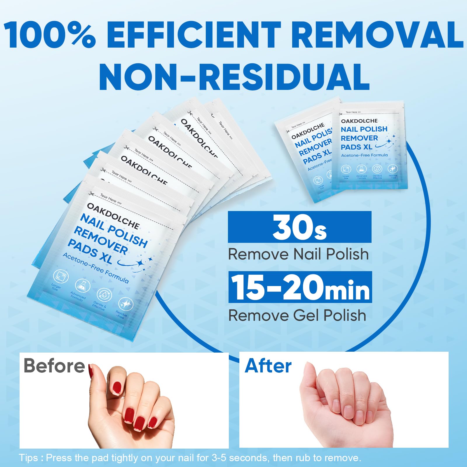 OAKDOLCHE Extra Large Nail Polish Remover Pads(12×12cm), Acetone-free Nail Polish Remover Wipes, Easily & Quickly, Professional Individually Wrapped Wet Wipes for Home & Salon Supplies, 40 PCS