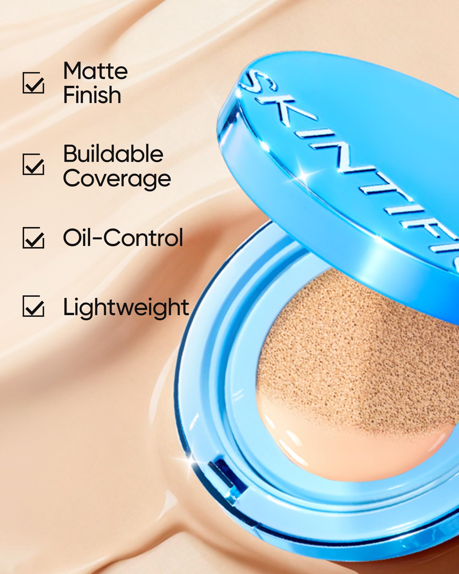 SKINTIFIC Velvet Matte Cushion Foundation Blue #03 Petal| Full Coverage,12H Oil Control,Ideal for Oily & Combination Skin,Waterproof,Long-Lasting, Lightweight, Hydrating,Transfer-Proof