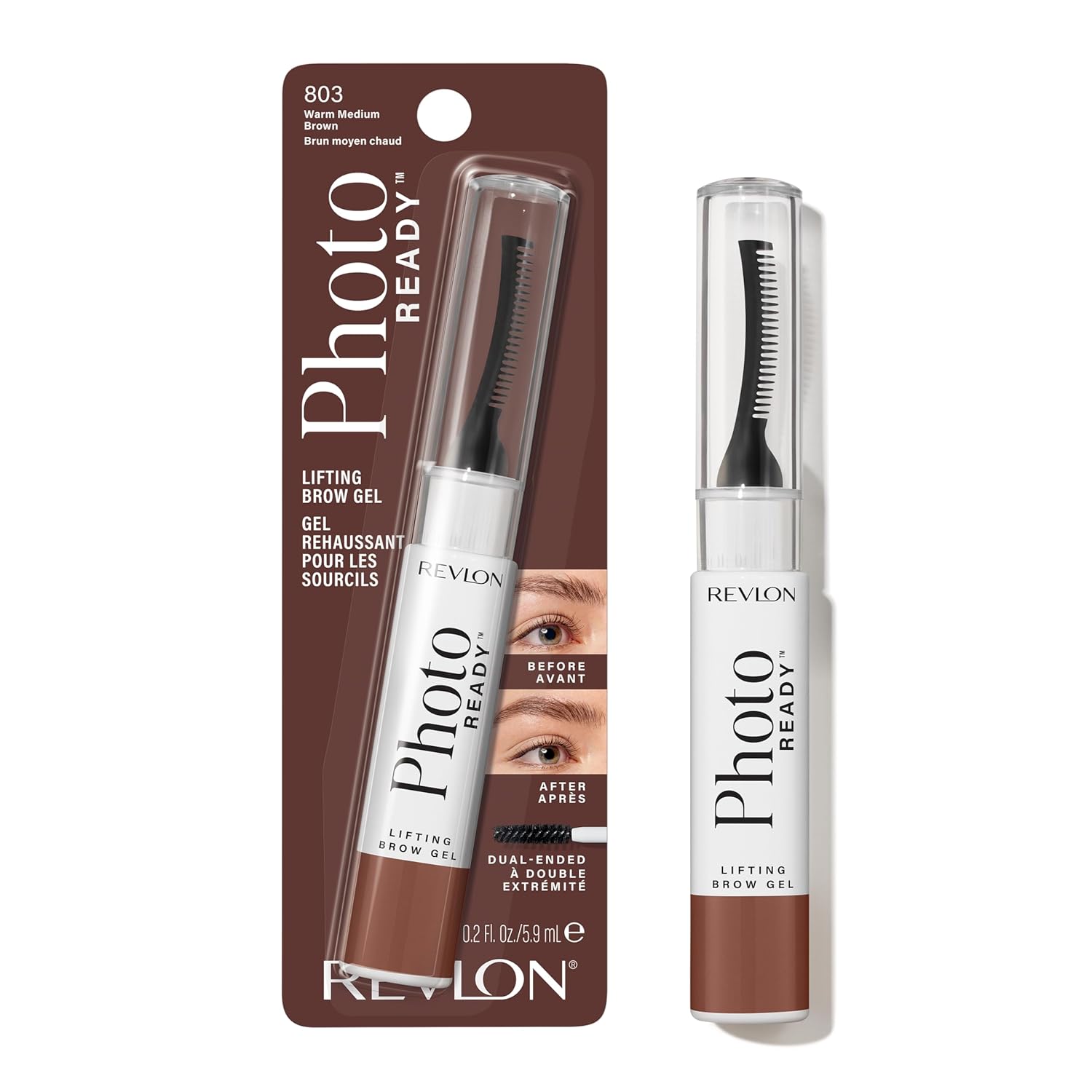 Revlon PhotoReady Lifting Brow Gel, Tinted Eyebrow Lamination with Spoolie Brush, Conditions, Shapes & Defines, 804 Rich Dark Brown, 0.23 fl oz