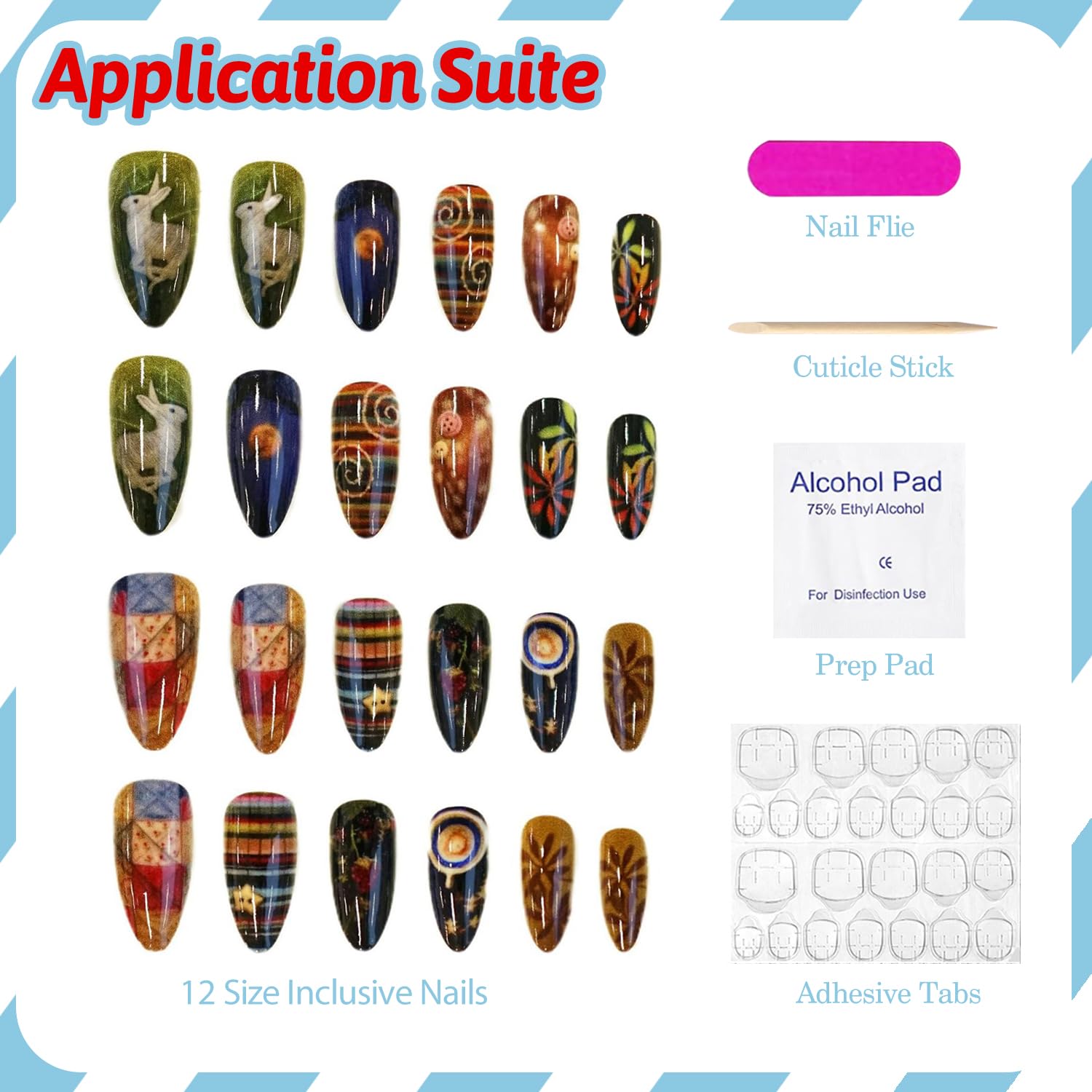 Medium Almond Press on Nails Aesthetic Nail Art Fake Nails Cute False Nails with Stars Moon Rabbit Designs Fairy Tale Medium Glue on Nails for Women Girls 24Pcs
