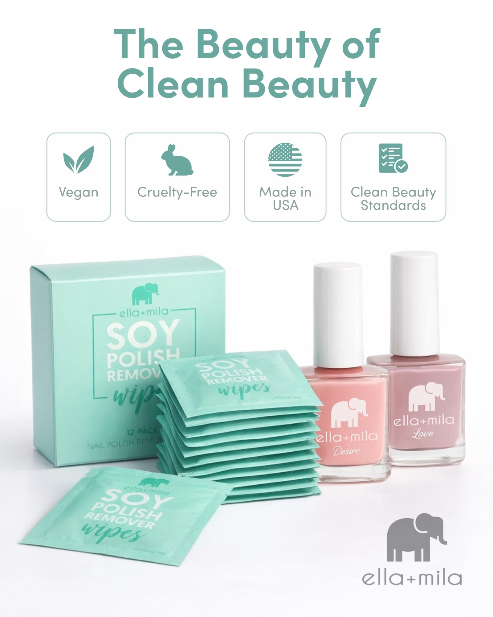 ella+mila Soy Nail Polish Remover Wipes - Non-Acetone, Non-Toxic Fingernail Polish Remover Pads - Travel Size, Individually Wrapped, Lint Free - Enriched with Vitamins (12 Pack)