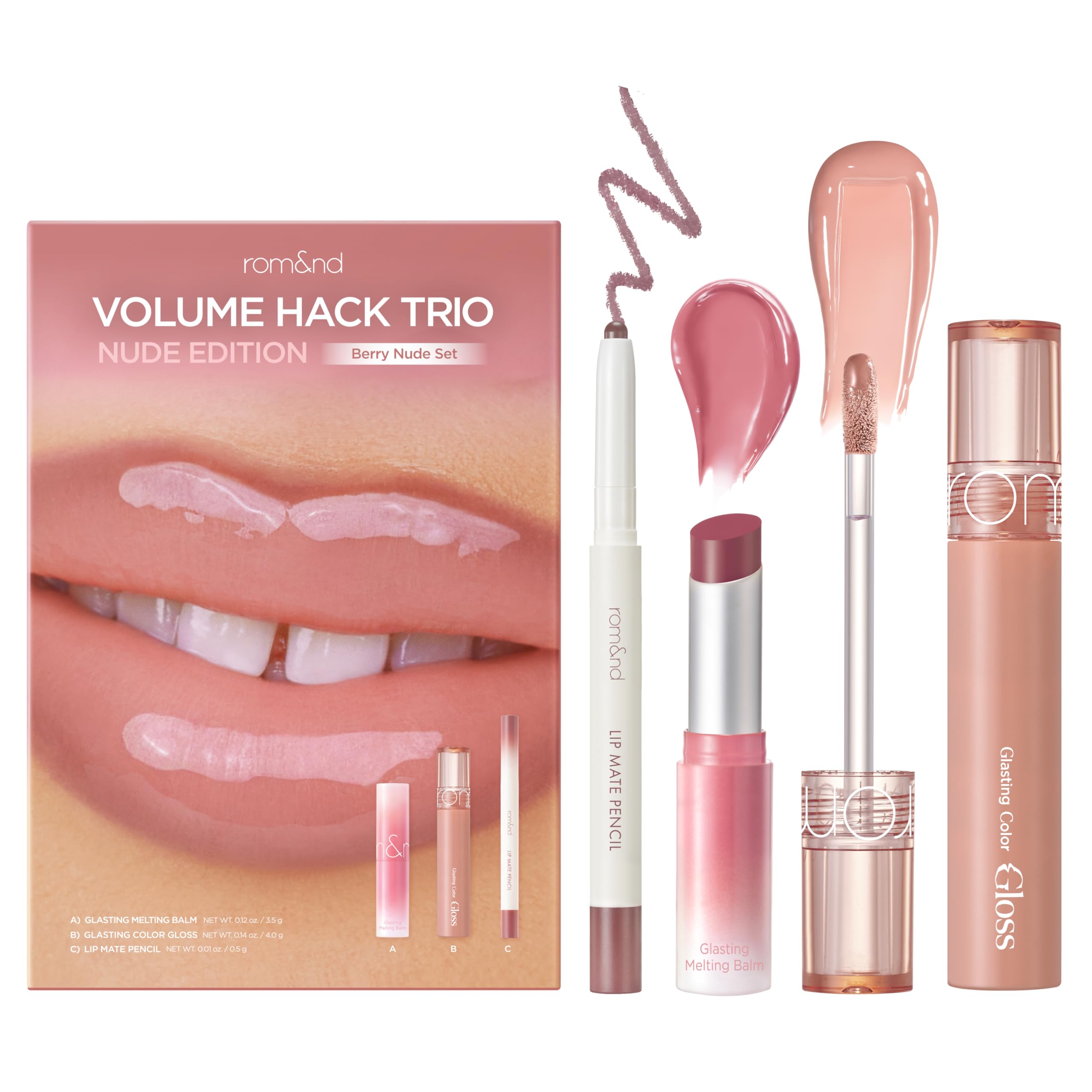 rom&nd Volume Hack Trio Berry Nude Set | 3-Step Plumping Lip Kit for Defined, High-Shine Lips | TikTok Viral Cool-Tone Gradient