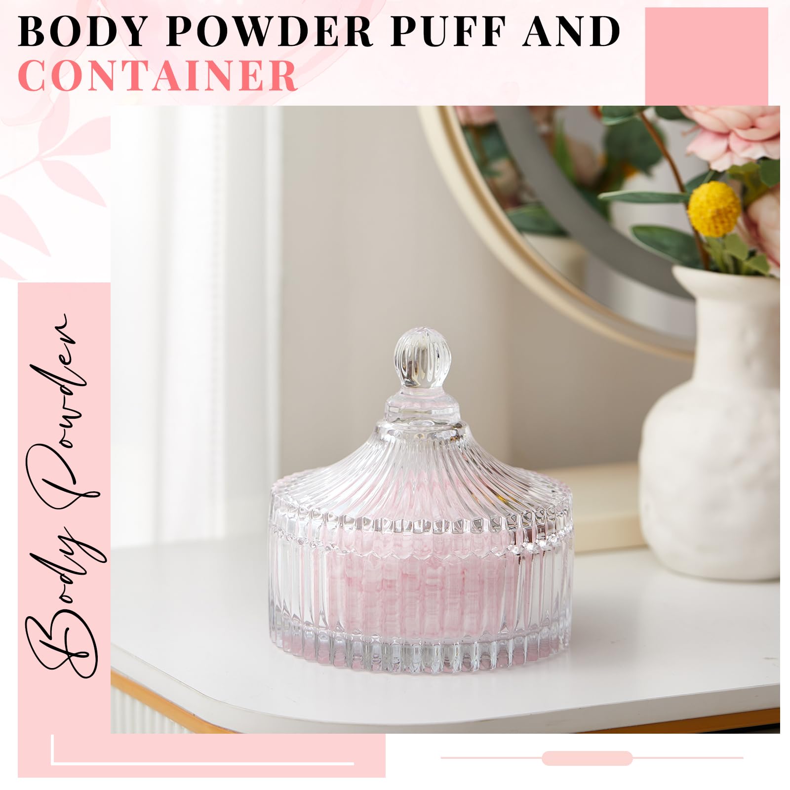 Tioncy 2 Pcs Extra Large Dusting Powder Puff and Container for Women-6'' Glass Crystal Dusting Powder Container with Body Soft Washable Reusable Velour Face(Clear,Classic)