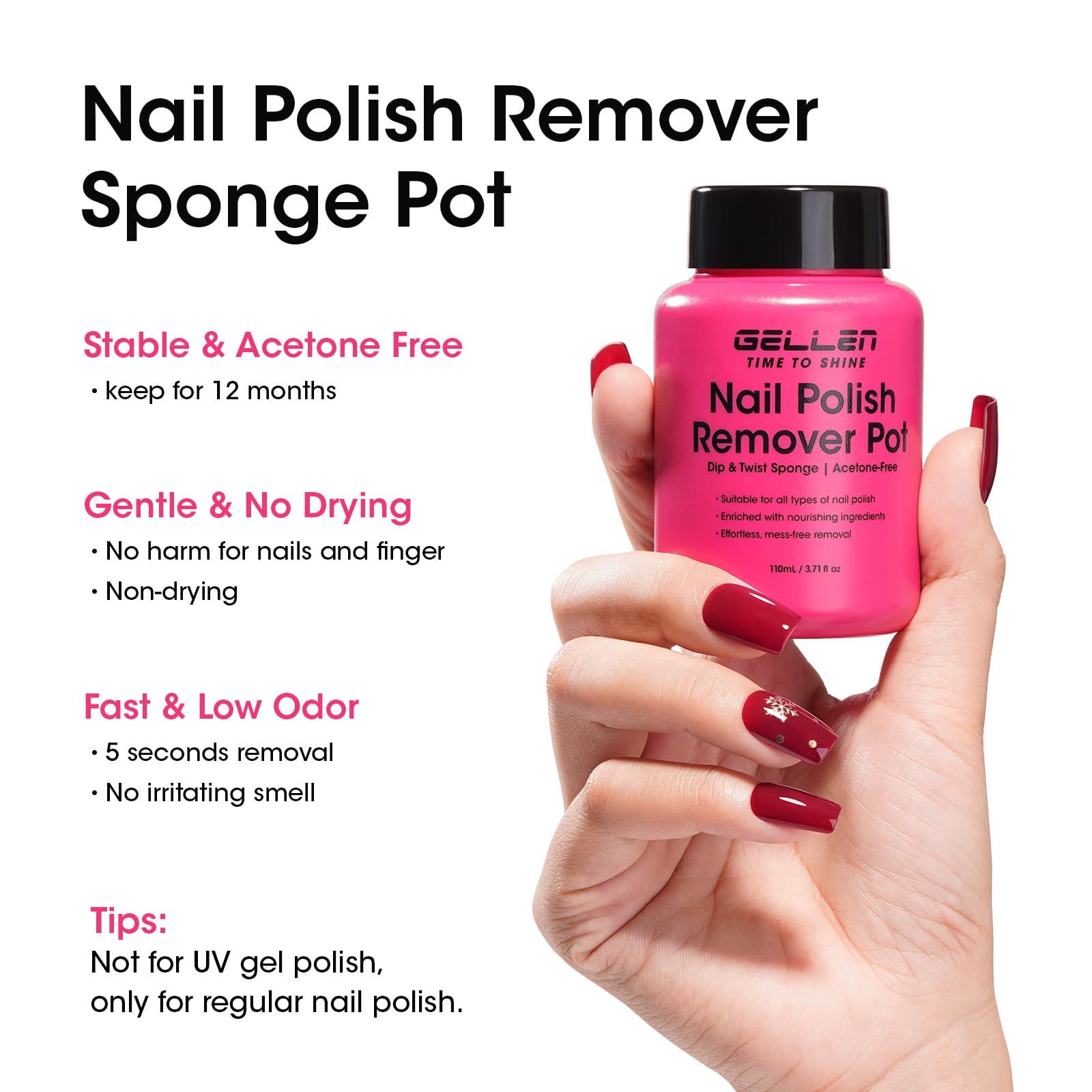 GELLEN Nail Polish Remover Jar, Dip Twist Sponge Nail Polish Remover Pot For Fingernails, Fragrance Acetone Free, Non-drying Formula Shea Butter & Vitamin E, 5-9s Quick Removal, Non-toxic