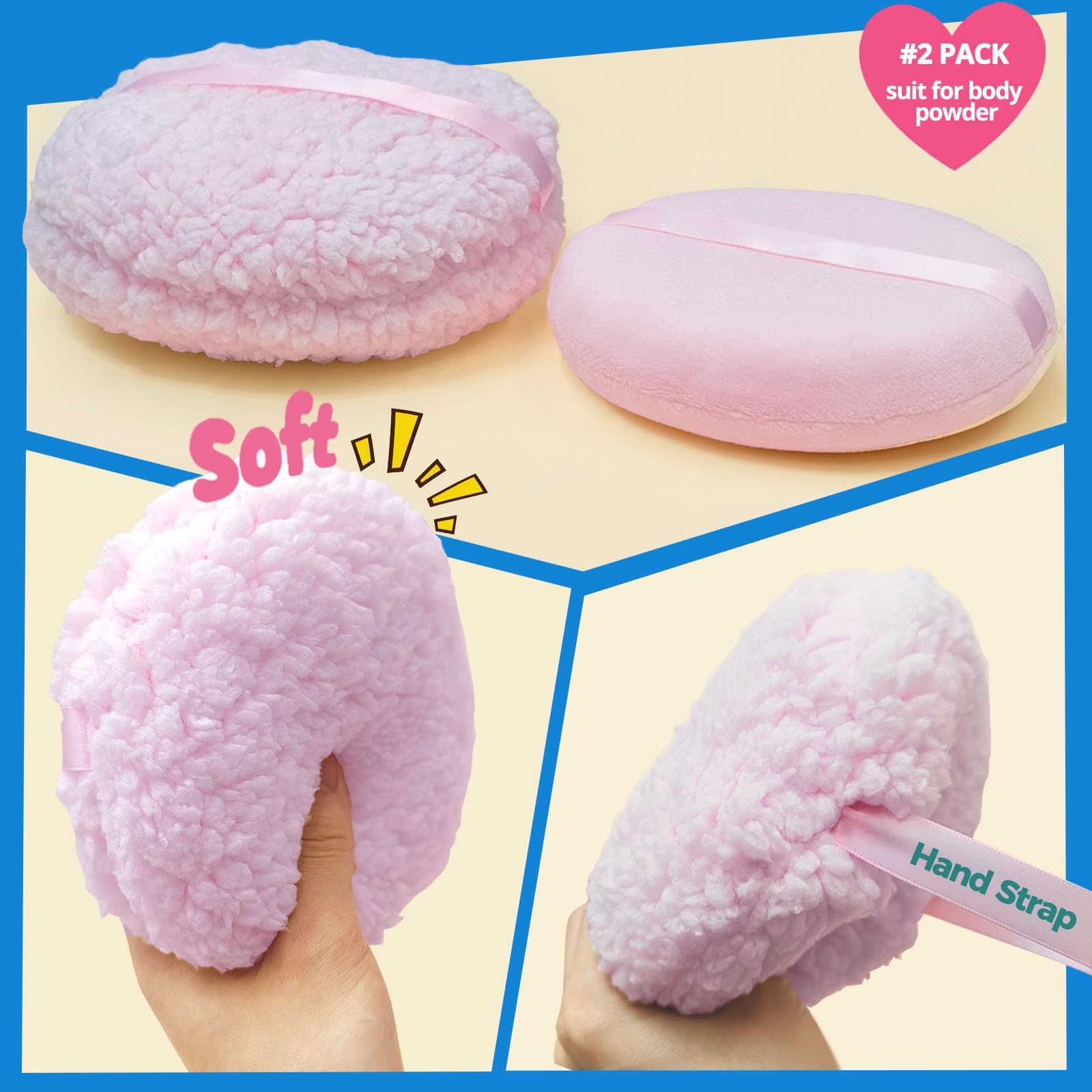 2pcs Powder Puffs, 6'' Body Powder Puff and 5'' Dusting Powder Puff and Container, Extra Large, Fluffy Soft, Washable, Reusable