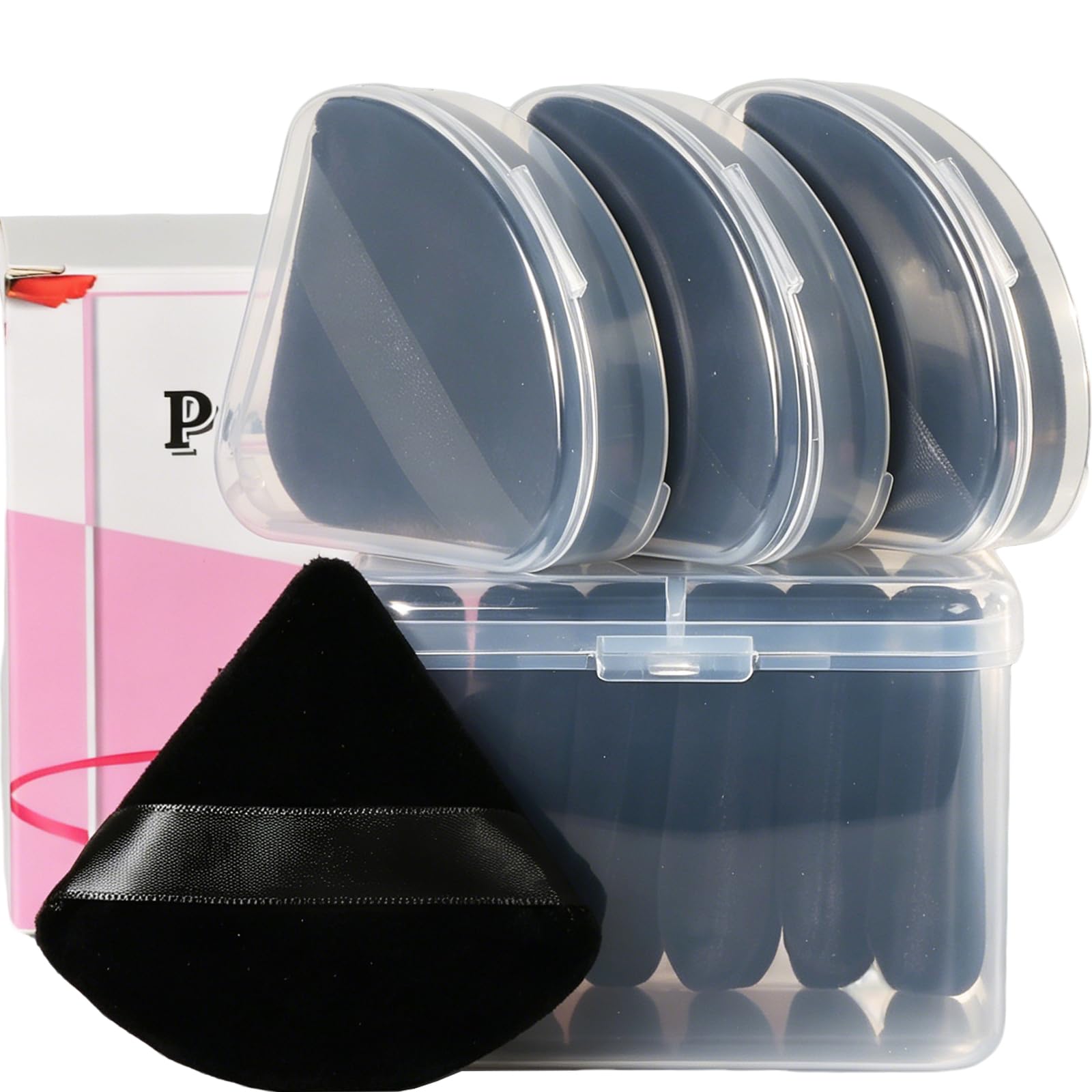 Ocim 10Pcs Triangle Powder Puffs for Face Powder,Soft Velour Triangular Beauty Puff,Makeup Pressed,Baking & Setting Powder Sponge Applicator Pads with Case,Black