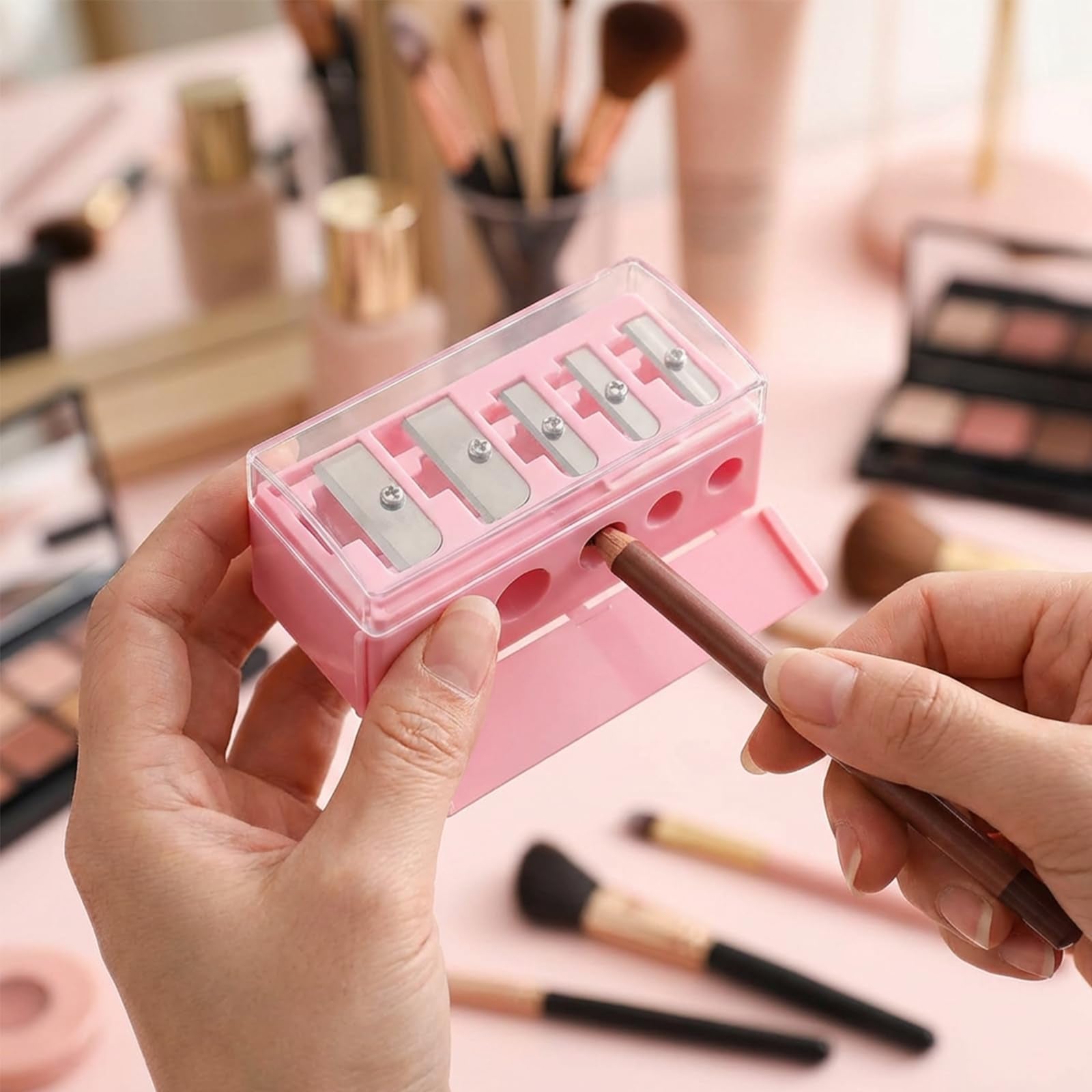 shuielai 2 Pcs 5-Hole Makeup Pencil Sharpener with Lid, Manual Long Point Sharpener for Eyebrow Eyeliner Lip Liner (Black+Pink)