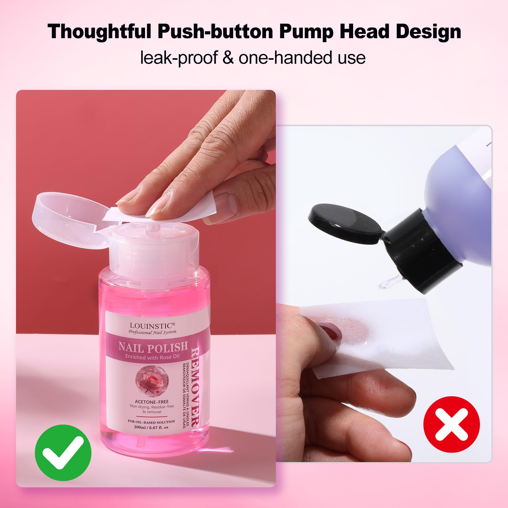 Professional Nail Polish Remover – Press Pump, Easily Removes Nail Polish in 3-15s, Gentle Nourishment Formula, Rose Oil Soak Off Gel Nail Remover Kit, with Foil Wraps & Cotton Balls, 6.8 Fl Oz