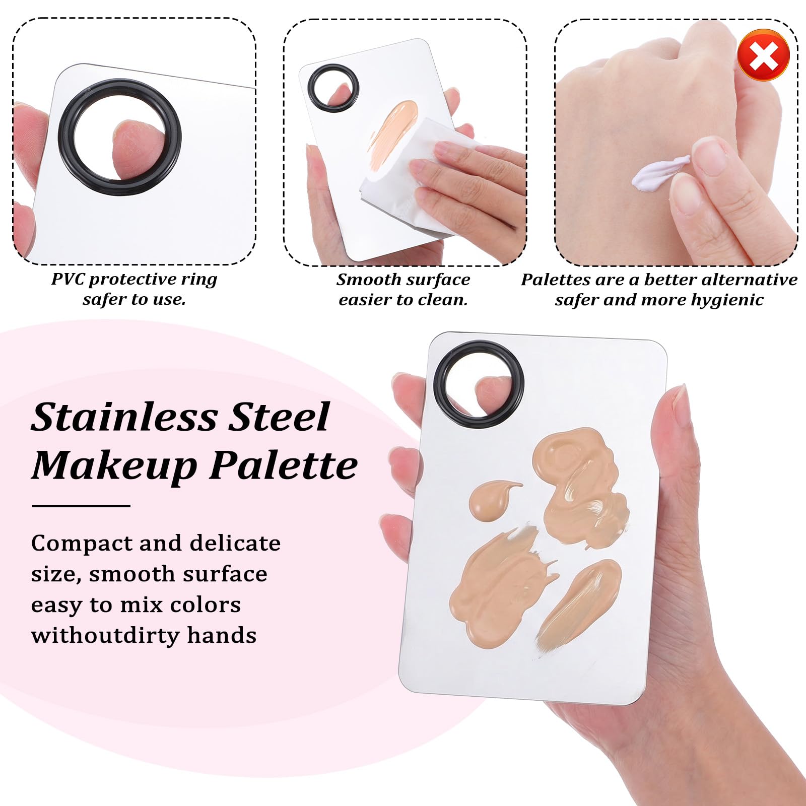 HJZHII 4 Pcs Makeup Foundation Mixing Palette Set, Including Makeup Mixing Palette, Double-Ended Spatula, MakeupPuff, Brush, Professional MakeupMixing PaletteSet Makeups PaletteTray (Stainless Steel)