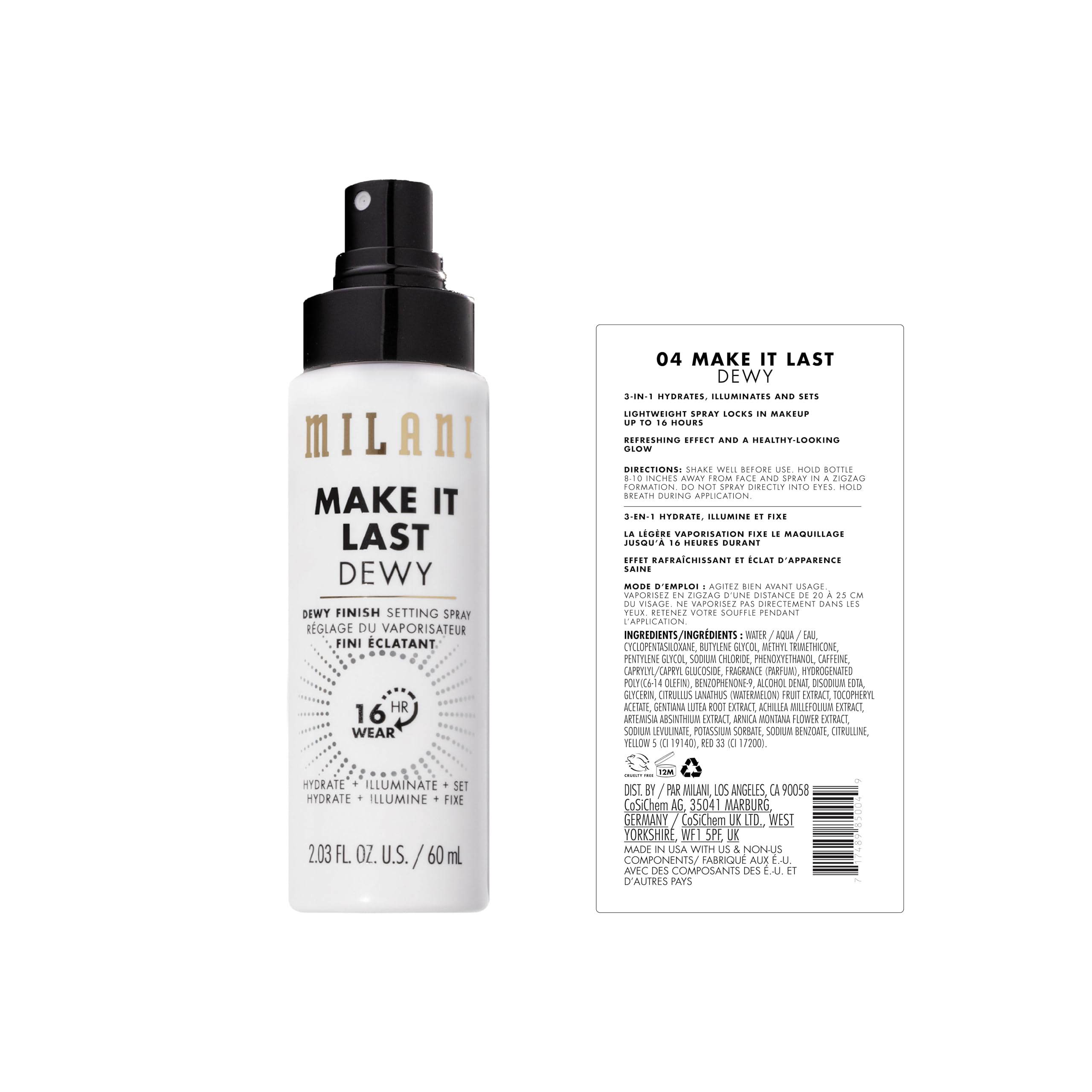 Milani Setting Spray + Primer, Make It Last Dewy - Dewy Finish Moisturizing Formula for Glow on the Go, Setting Spray for Makeup and Face Primer, Prime + Set + Hydrate, 2.03 Fl. Oz