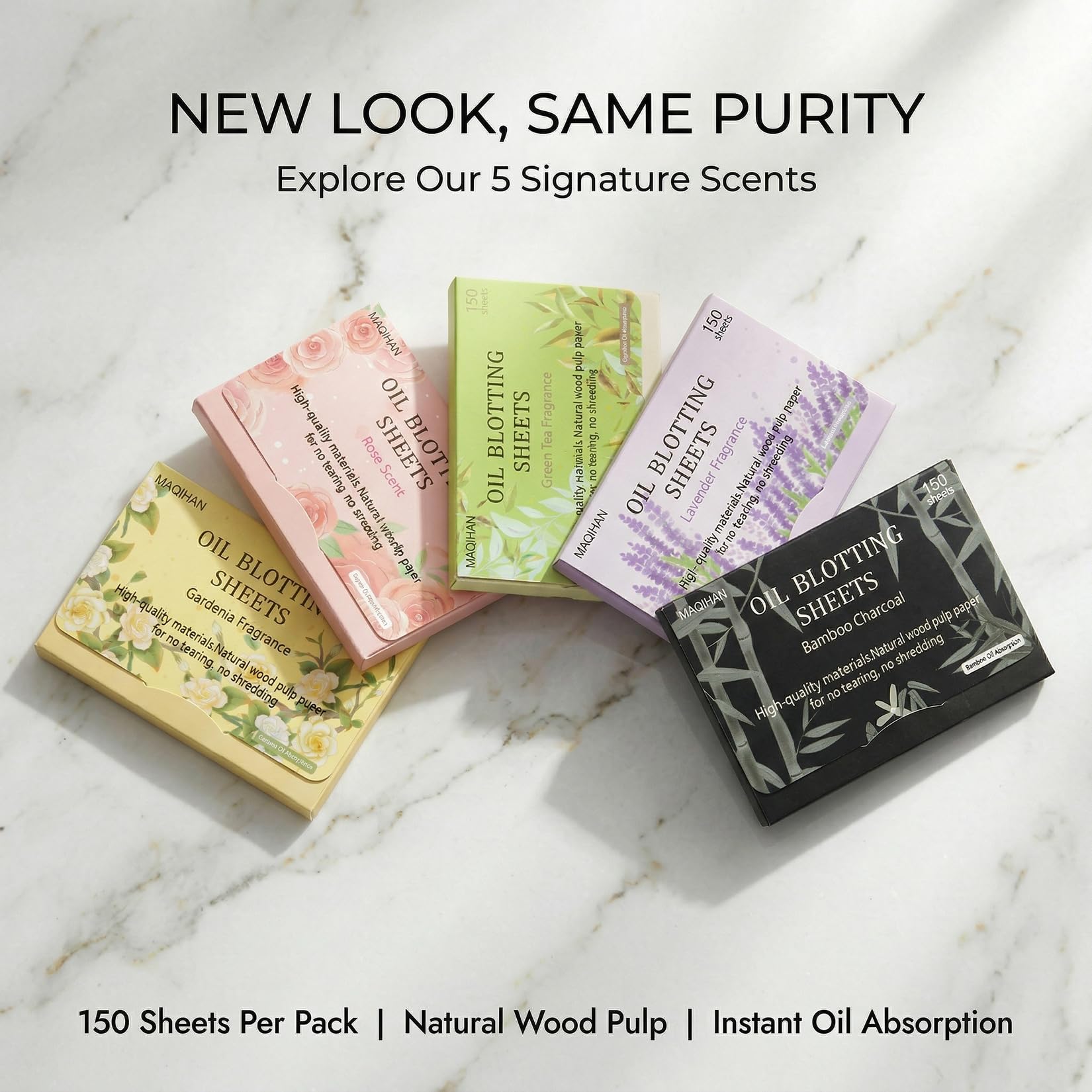 5 Packs Oil Blotting Sheets for Face - MAQIHAN 5 Scents,750 Counts Oil Absorbing Sheets Blotting Paper for Oily Control Skin Paper Face Oil Sheets Premium Bamboo Charcoal Blotter Paper for Women
