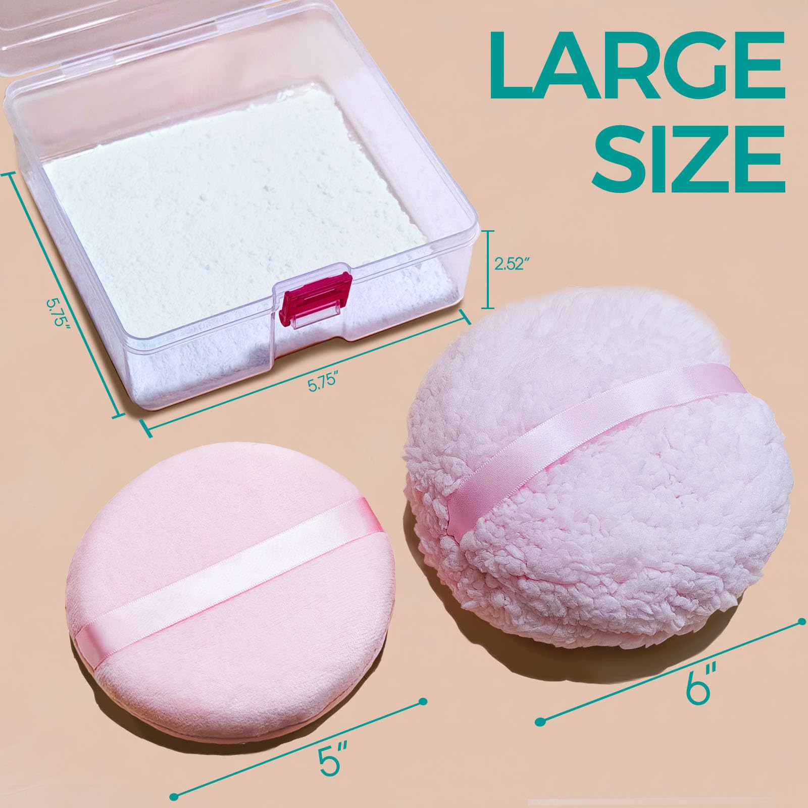 2pcs Powder Puffs, 6'' Body Powder Puff and 5'' Dusting Powder Puff and Container, Extra Large, Fluffy Soft, Washable, Reusable