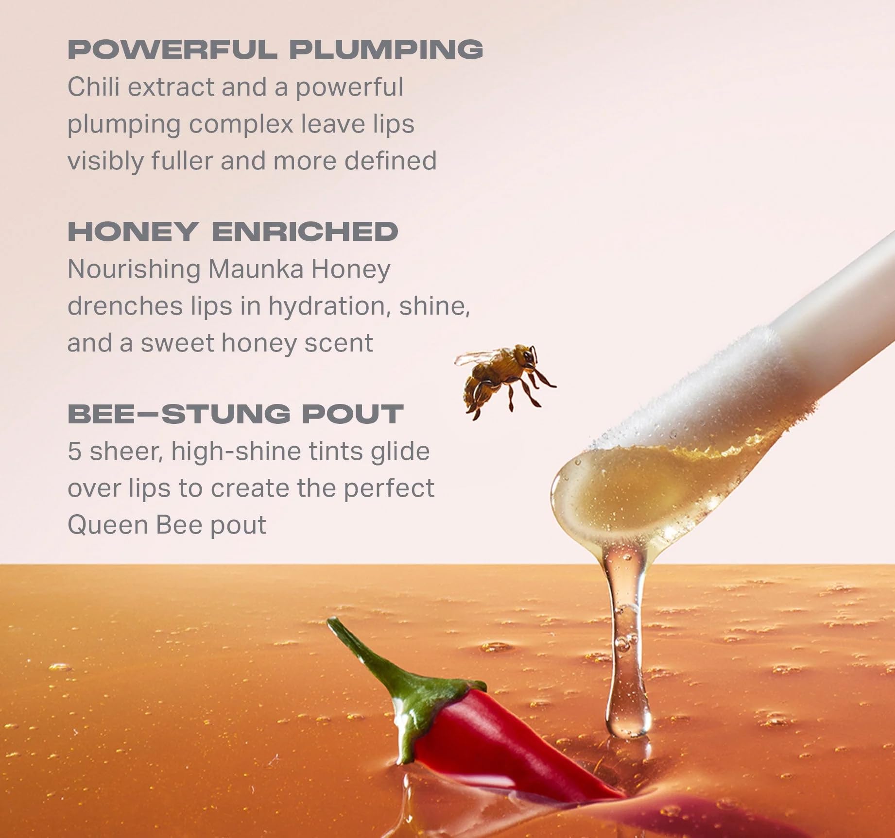Morphe Hot Honeys Volumizing Lip Oil Plumper - Hydrating Lip Gloss for Women with Manuka Honey + Chili Extract - Makeup for Tingling Volume & Glossy Sheer Tint - Queen Bee (0.15 fl oz)