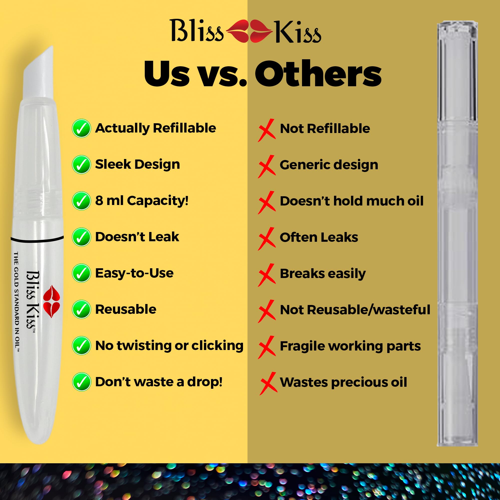 Bliss Kiss Refillable Cuticle Oil Pen with Cuticle Pusher for Nails | Empty 8 ml Nail Oil Pen with soft brush applicator | No Leaks 1-Pack