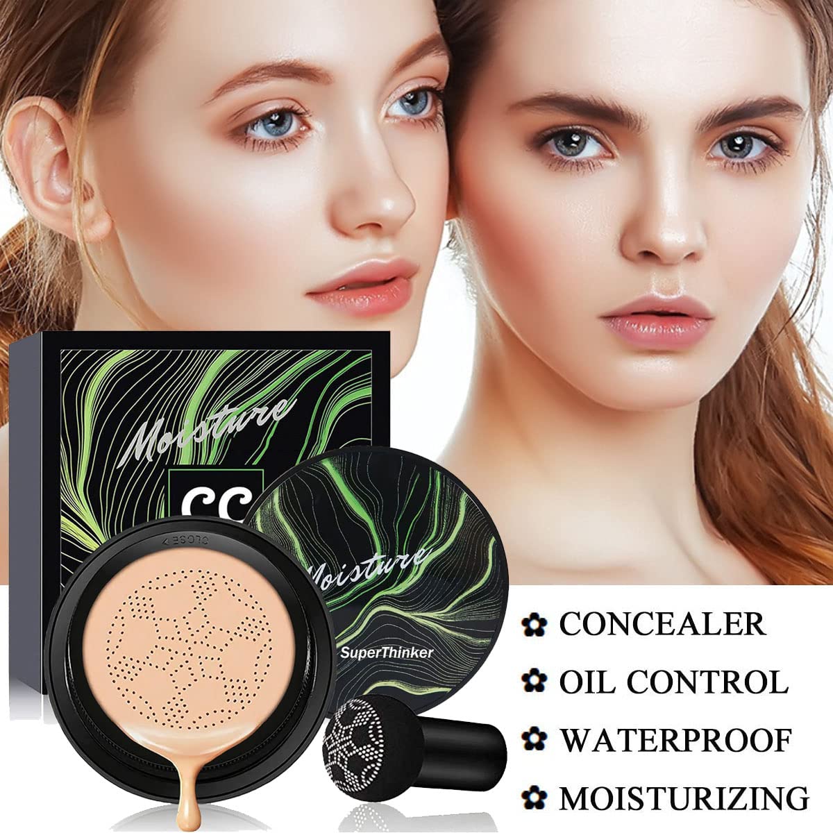 Cushion Foundation Concealer for Women, Face Makeup Air Cushion CC Cream Foundation for Mature Skin, Even Skin Tone, Tattoo Cover Up CC Cream Create A Lightweight Natural-looking Base (Natural)