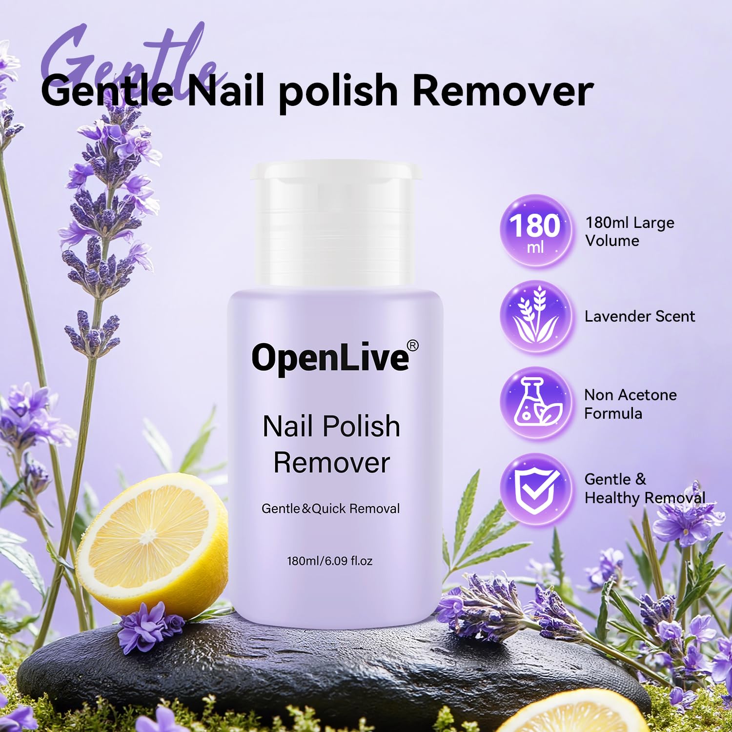 OpenLive Lavender Scent Nail Polish Remover, 180ml Non Acetone free Nail Polish Remover for Regular Nail Polish with Easy Push-down Pump, 6.08 Fl Oz