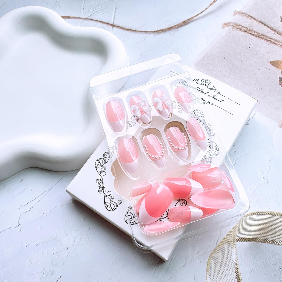 24 Pcs French Tip Press On Nails - Short Almond Bow Fake Nails with Pearl Designs - White French Tip False Nails - Reusable Artificial Nails for Women & Girls