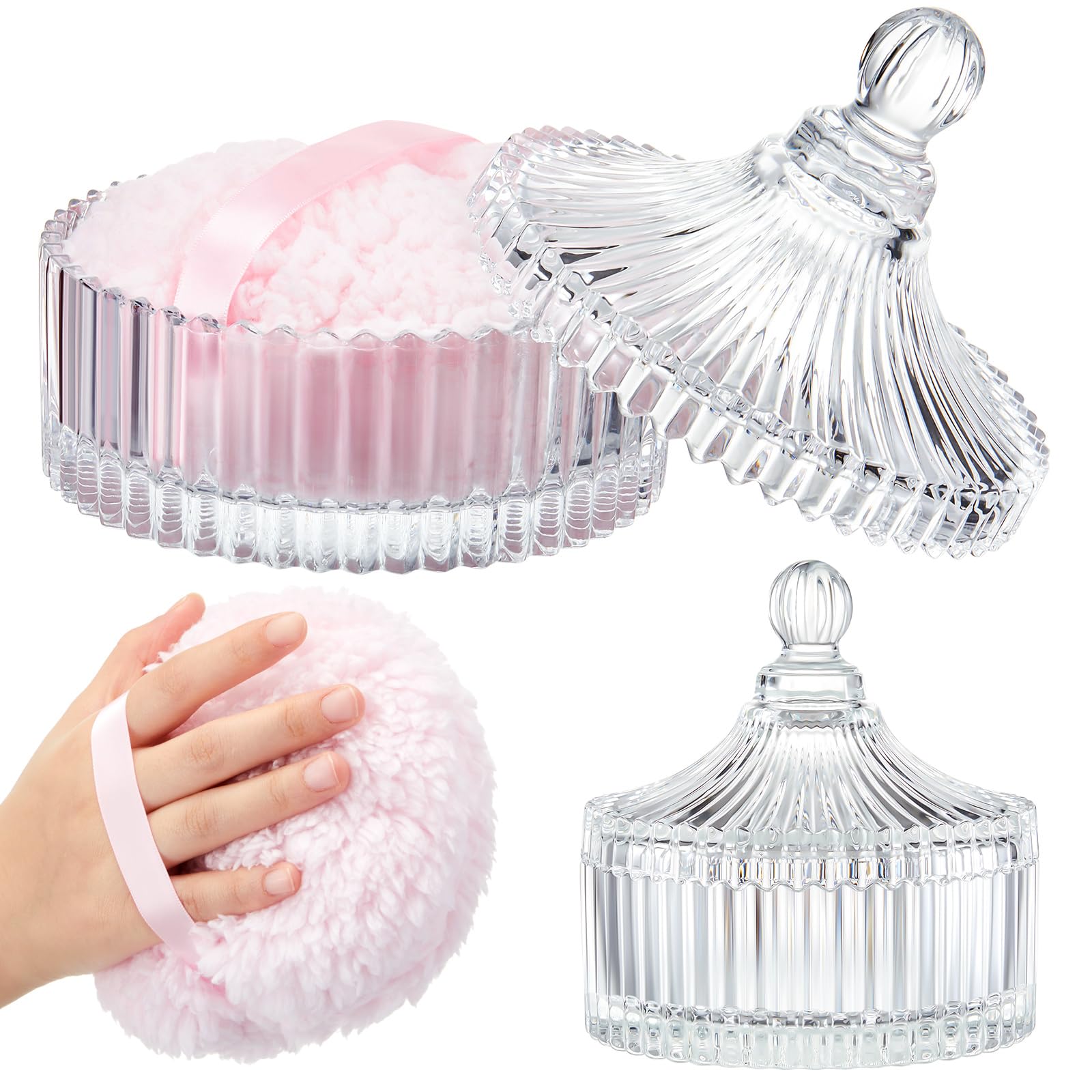 Tioncy 2 Pcs Extra Large Dusting Powder Puff and Container for Women-6'' Glass Crystal Dusting Powder Container with Body Soft Washable Reusable Velour Face(Clear,Classic)
