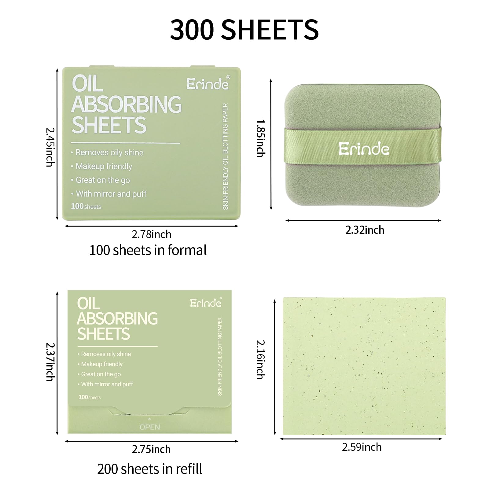Erinde Oil Blotting Sheets for Face with Mirror and Puff, 300 Sheets Oil Blotting Paper for Oily Skin, Face Oil Absorbing Sheet, Natural Oil Control Film, Absorb Excess Oil, Makeup Friendly