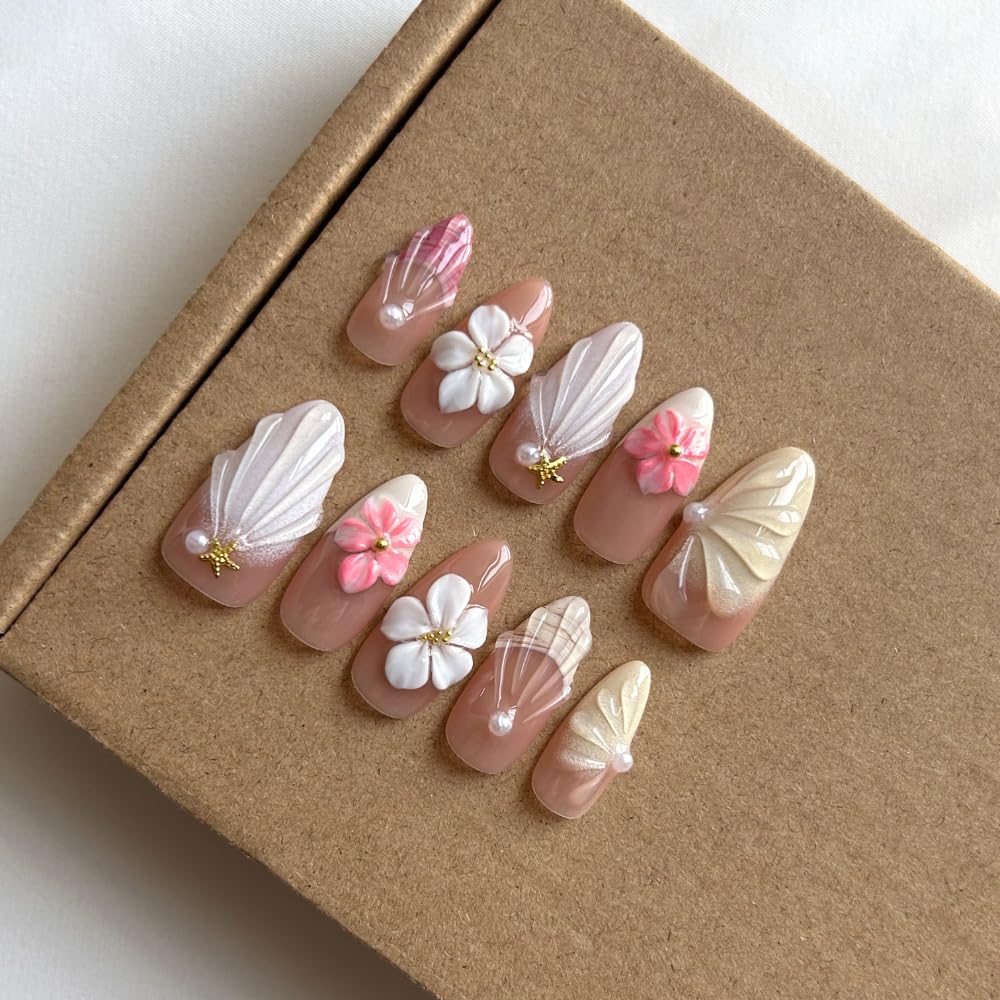 Medium - press on nails Maglfell Luxury Almond 3D False Nails Women Reusable Acrylic Finger Printed Nail Tip French Salon handmade Design Artificial fake nails -M-size