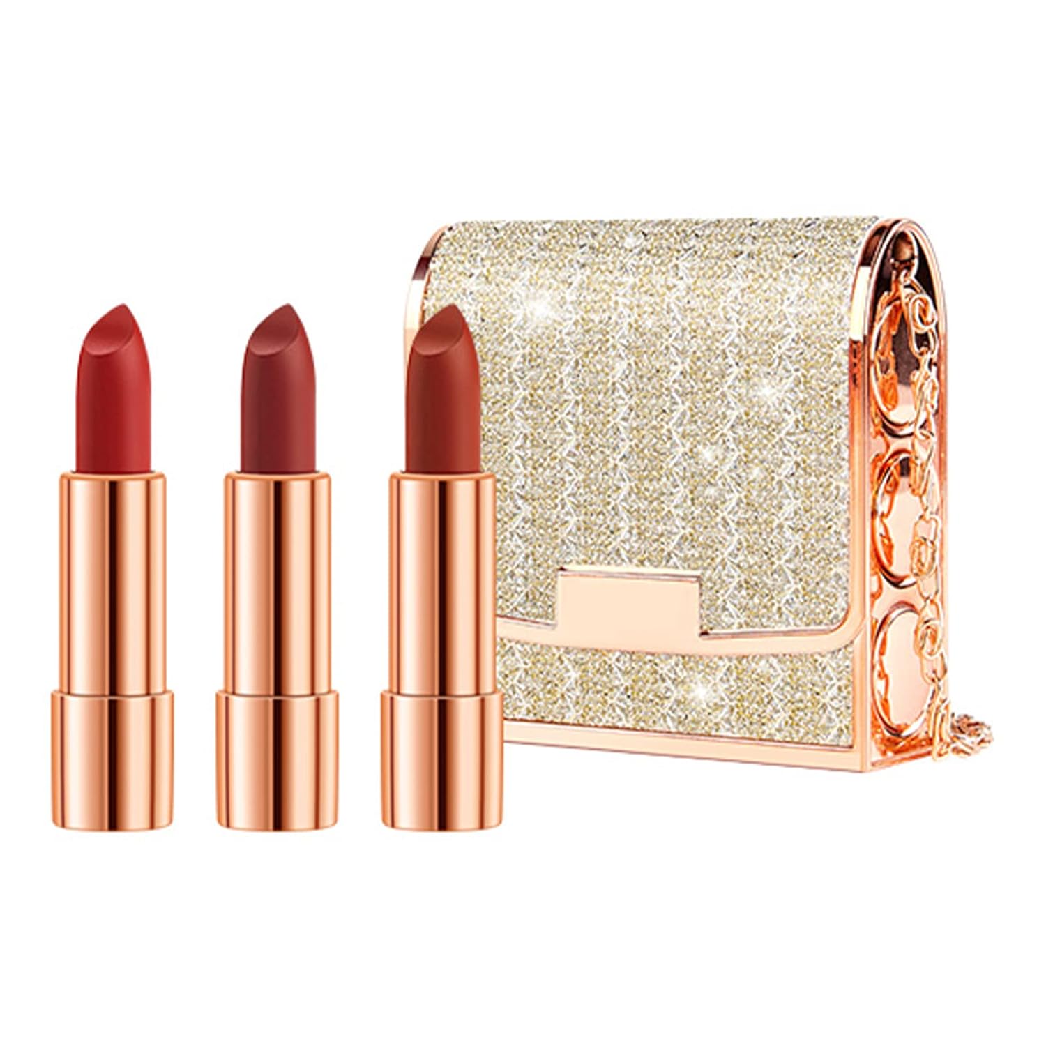 Newvenper 3 Colors Matte Lipstick Set Lip Stick with Orange Chain Bag Package Velvet Lip stick Set Waterproof Non-Stick Cup Long Lasting Retractable Red Lipstick Set 3.5gx3 Pcs