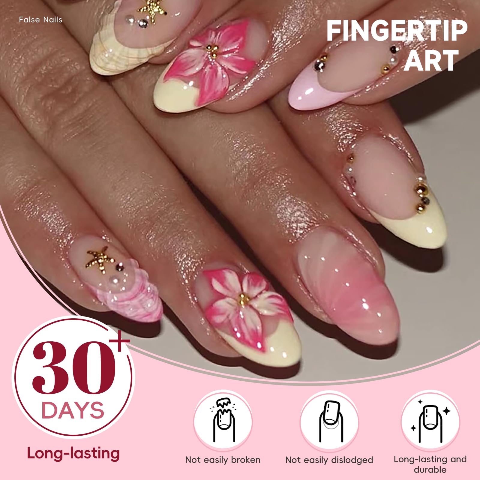 HOSAILY Pink Press on Nails Short Almond Milky Butter Yellow French Tip Pink Ombre 3D Flower Gold Starfish Rhinestone Gold Beads Beach Vacation Glossy Handmade Summer Cute Nails for Women(30Pcs)