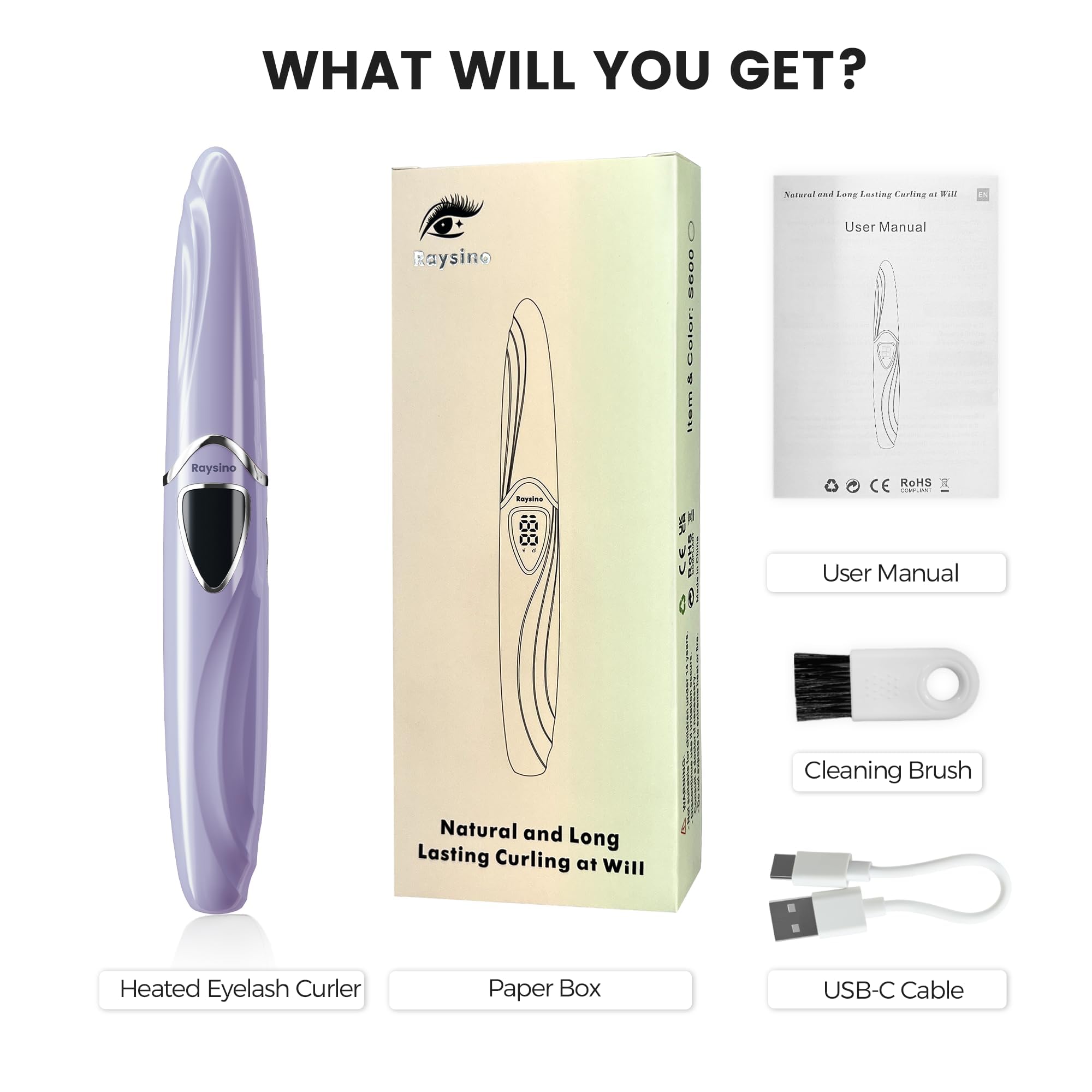 Raysino Heated Eyelash Curler, S600 Rechargeable Heated lash Culer, Eyelash Curer Heated in 8s for 24 Hs Long Lasting Natural Makeup (Lilac/Silver, 148MM)