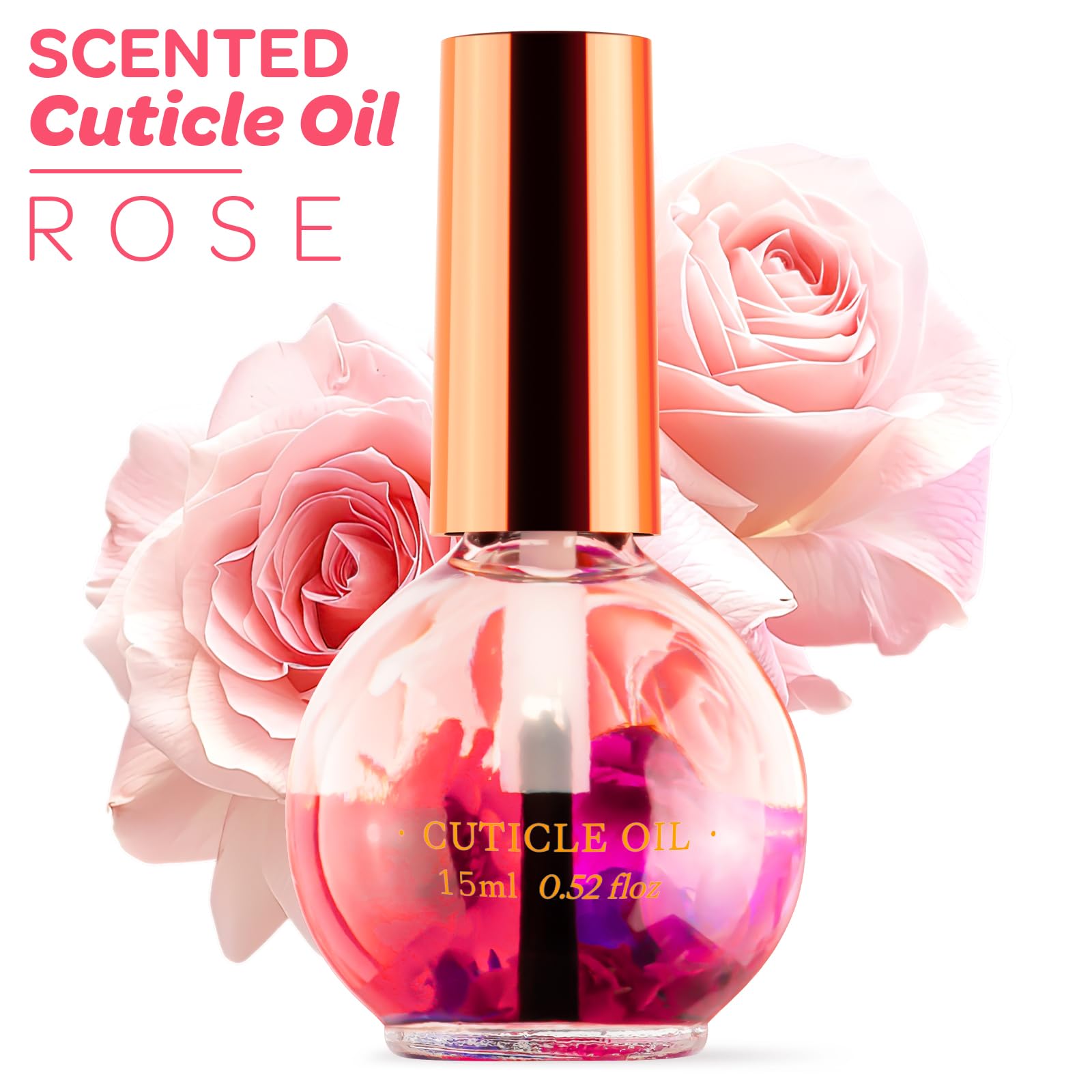 JIASHENG Cuticle Oil, Scented Cuticle Nail Oil Infused with Real Flowers, Hydrates, Moisturizes, Strengthens, Repairs, Revitalizing Cuticle Oils for Nails Damage Dry Cuticle, Rose, 15 ml /0.52 fl. oz
