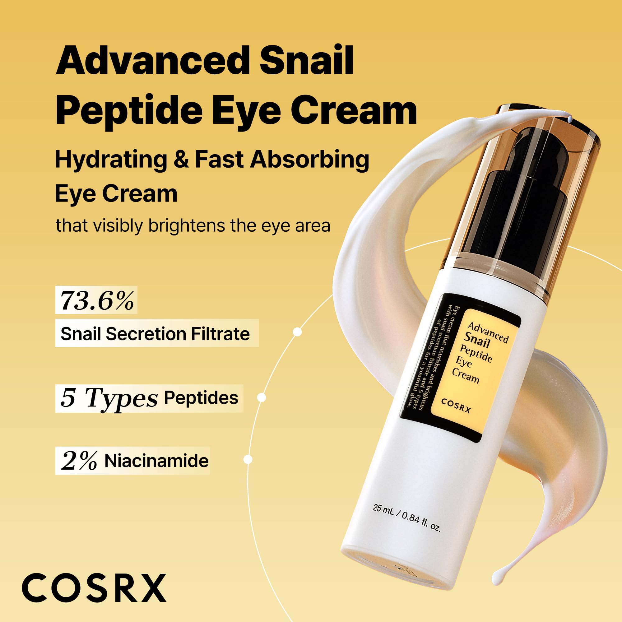 COSRX Snail Mucin Peptide Under Eye Cream, 73.7% Snail Mucin and Niacinamide, Eye Care, Eye Cream Anti Aging, Korean Eye Cream for Dark Circles, Korean Skin Care, 0.84 fl oz