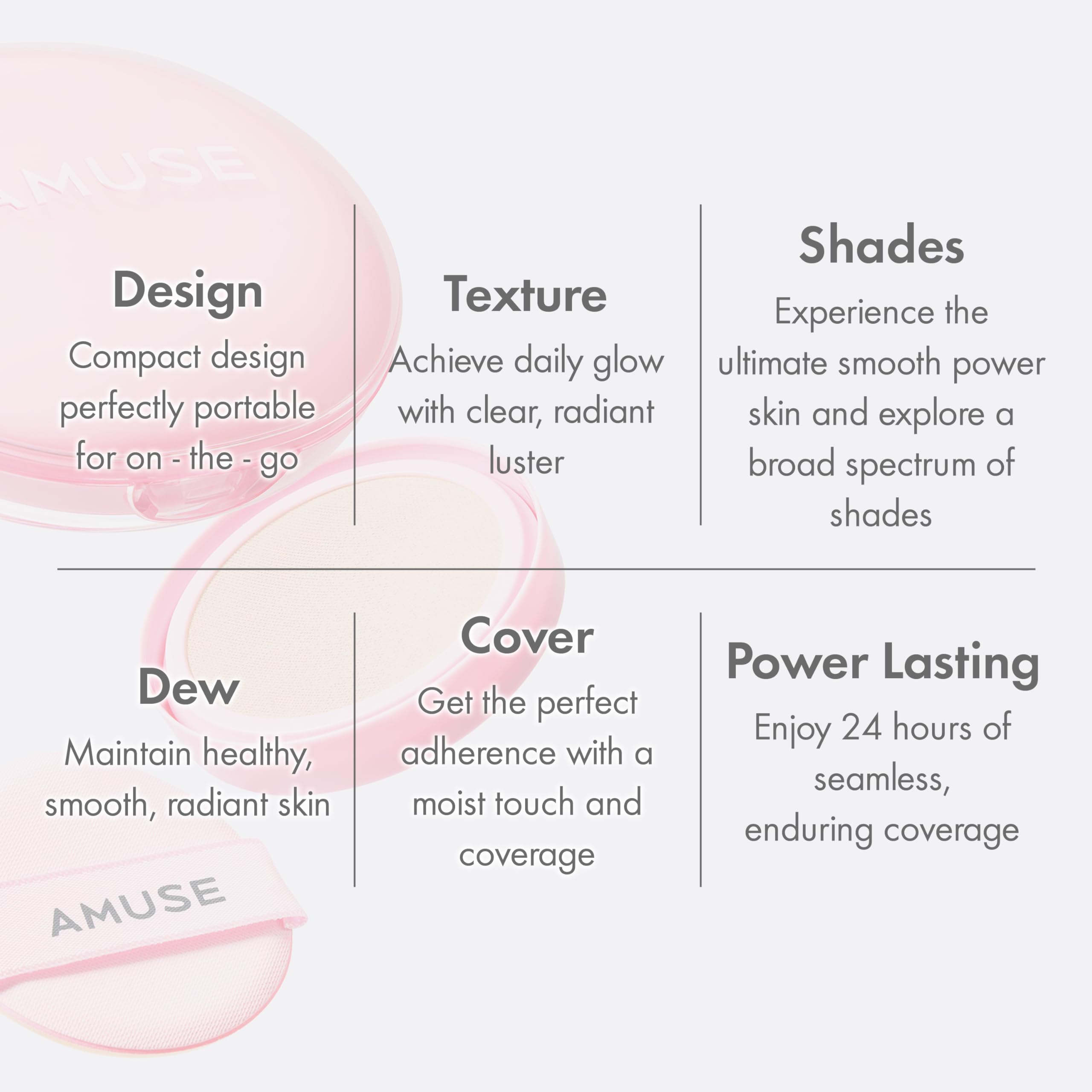 AMUSE SEOUL Dew Power Vegan Cushion Foundation (01 PURE) - Semi Glow, Full Coverage, Dewy Finish, Long Lasting, Lightweight, Smooth Radiant Skin, Vegan, Korean Beauty Makeup
