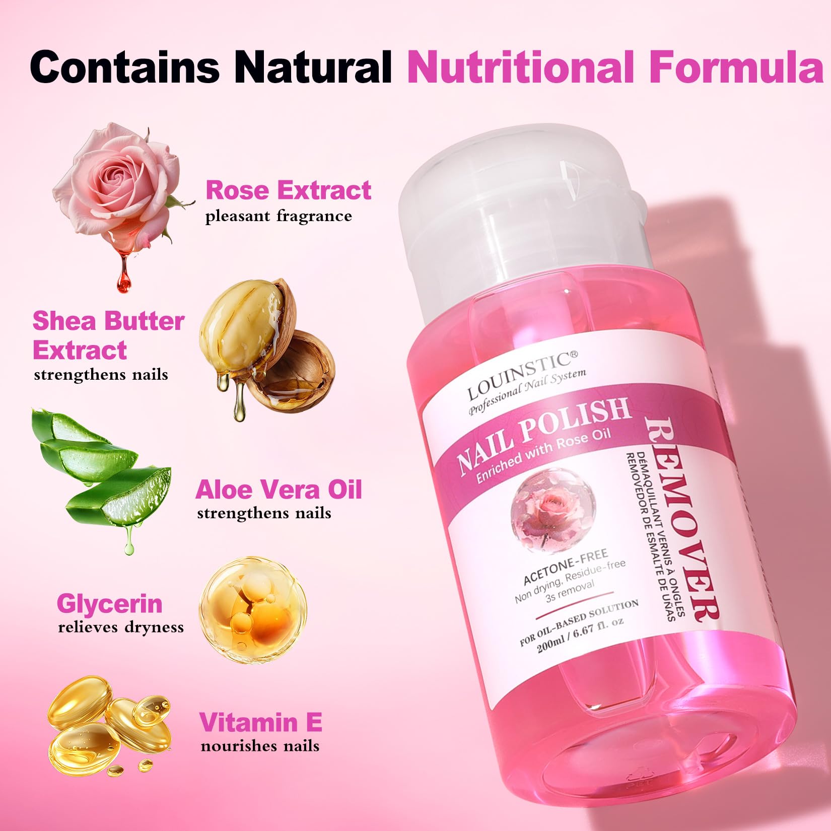 Professional Nail Polish Remover – Press Pump, Easily Removes Nail Polish in 3-15s, Gentle Nourishment Formula, Rose Oil Soak Off Gel Nail Remover Kit, with Foil Wraps & Cotton Balls, 6.8 Fl Oz