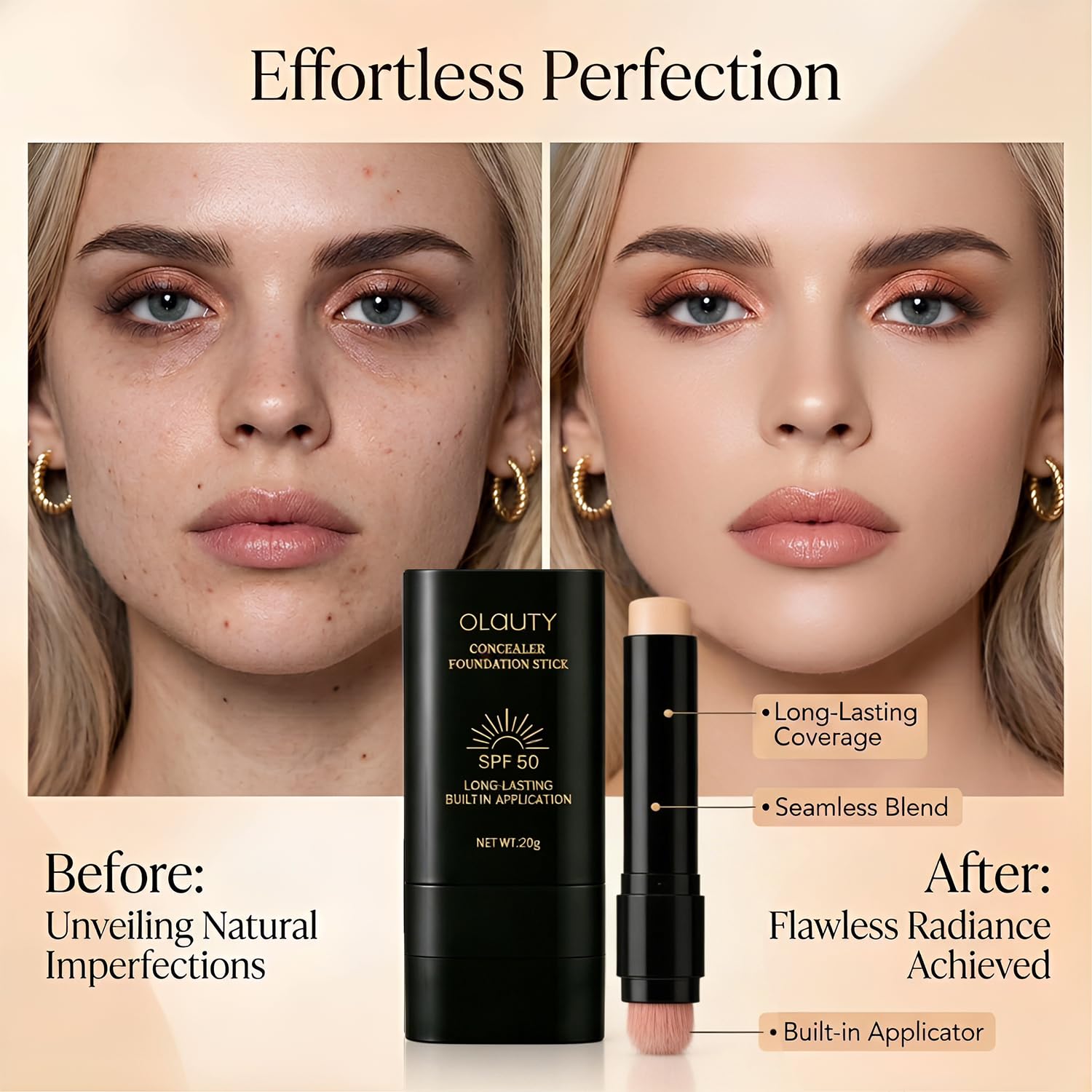 Foundation Stick, 2 in 1 Dual-Ended Long-Lasting Concealer Korean Foundation Stick, Full Coverage Foundation Makeup, Sunscreen Concealer Stick, Tattoo Cover Up Makeup, Matte Finish for Face (WHEAT)