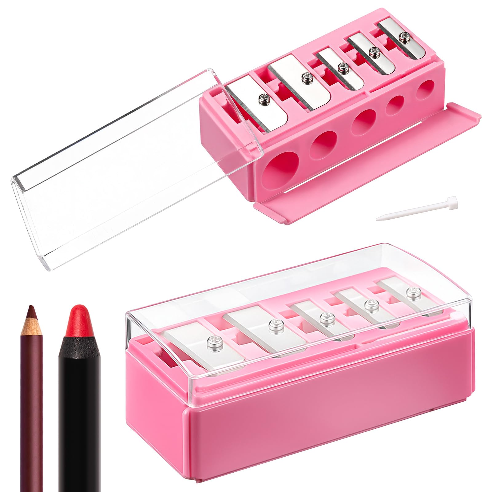 Honoson 2 Pcs 5 Hole Cosmetic Long Point Manual Pencil Sharpener with Plastic Lid Makeup Eyeliner Pencil Sharpener(Hot Pink)