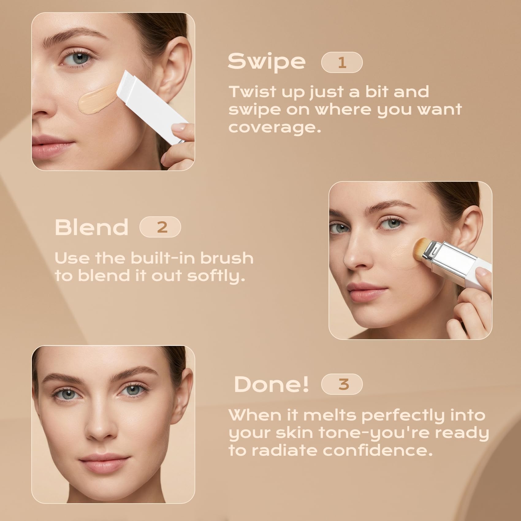 Color Changing Foundation Stick with Volufiline - Hydrating Concealer Base Makeup, Dual-Ended with Built-in Brush, Portable for Daily Use (Natural)