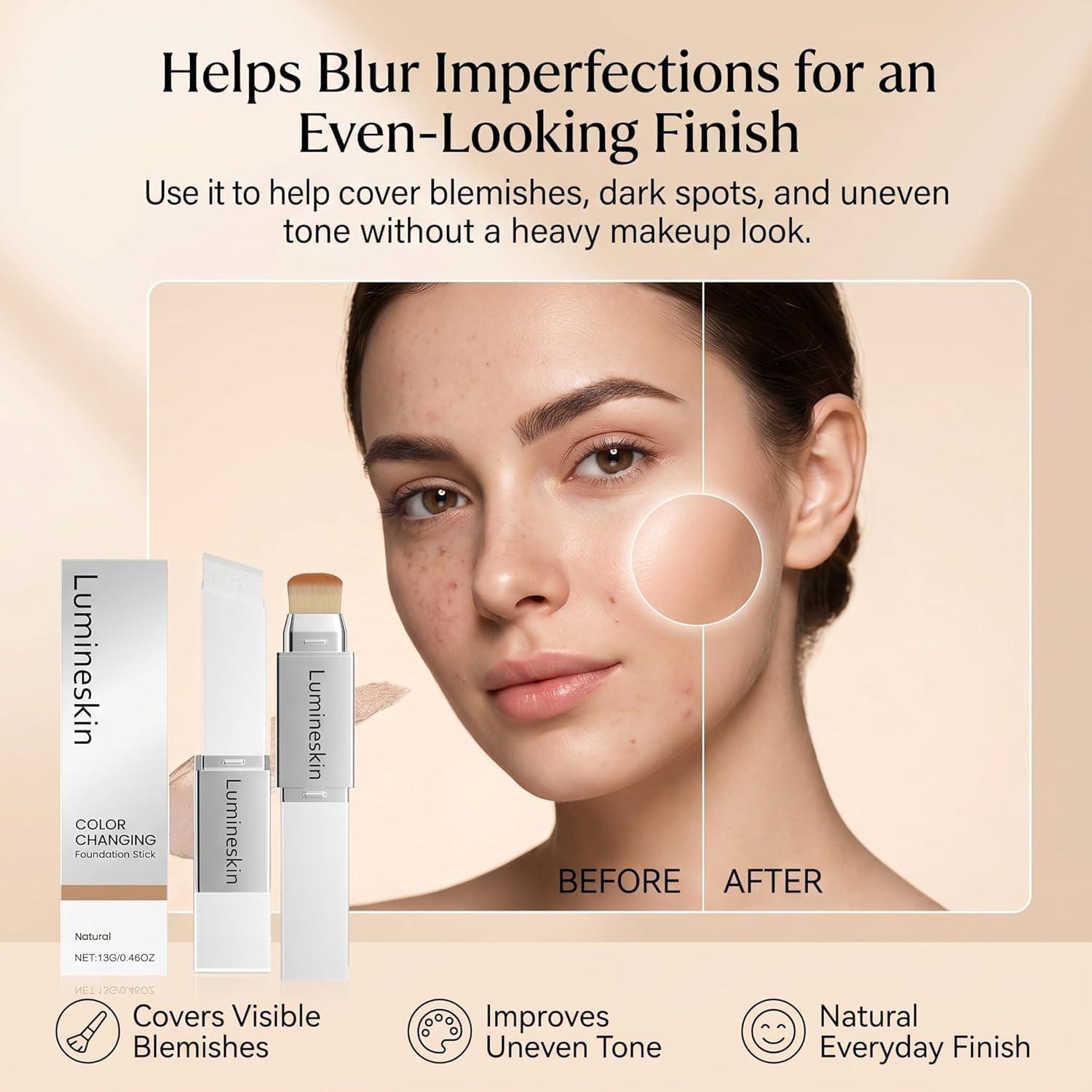 Official Lumineskin Cover Cream Stick-V Color Changing Foundation Stick - Hydrating Concealer Base Makeup, Dual-Ended with Built-in Brush, Portable for Daily Use (Natural)