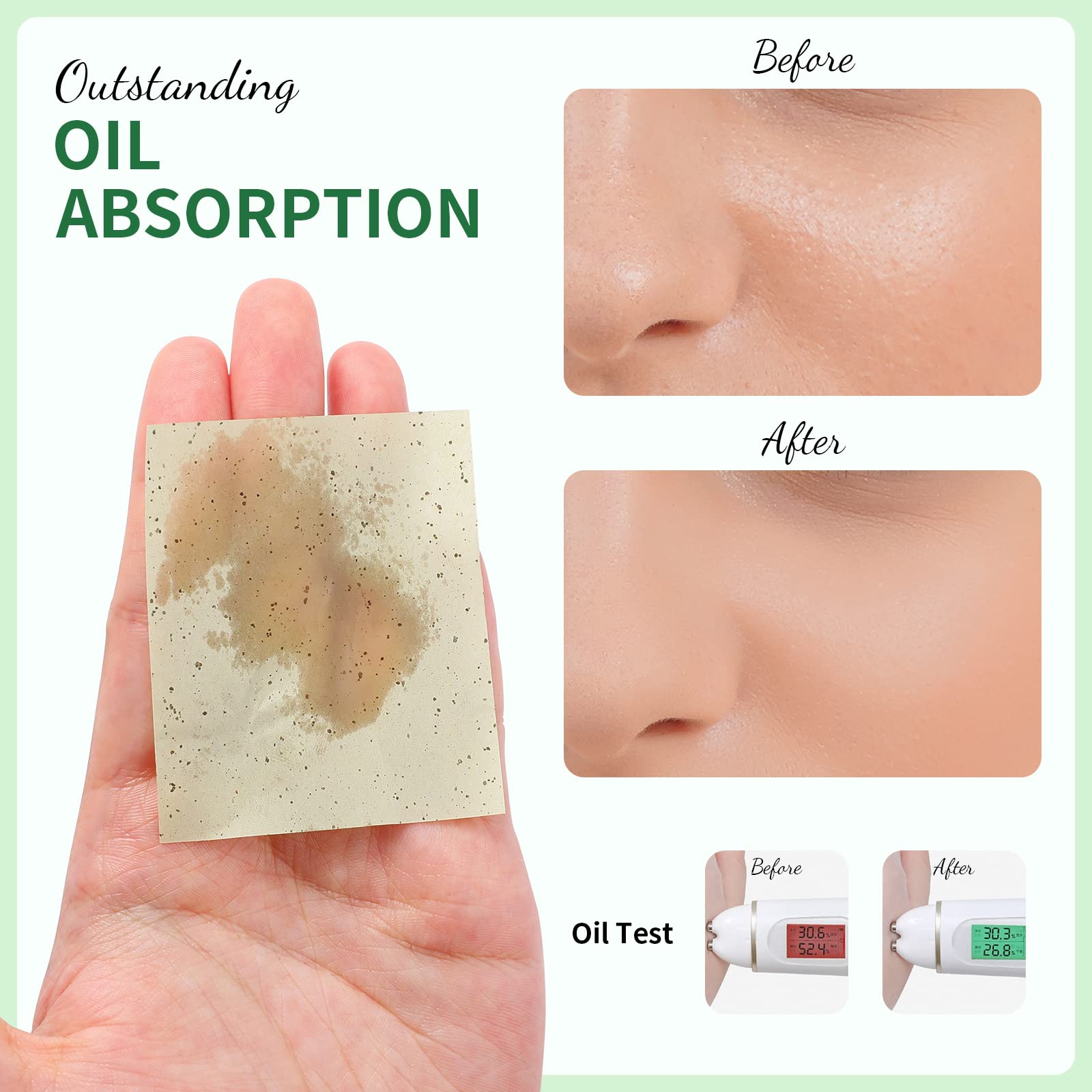 DUcare Oil Blotting Sheets for Face Green Tea Blotting Paper For Oily Skin with Portable Mirror Case & Makeup Puff, Oil Absorbing Sheets For Face 100 Counts