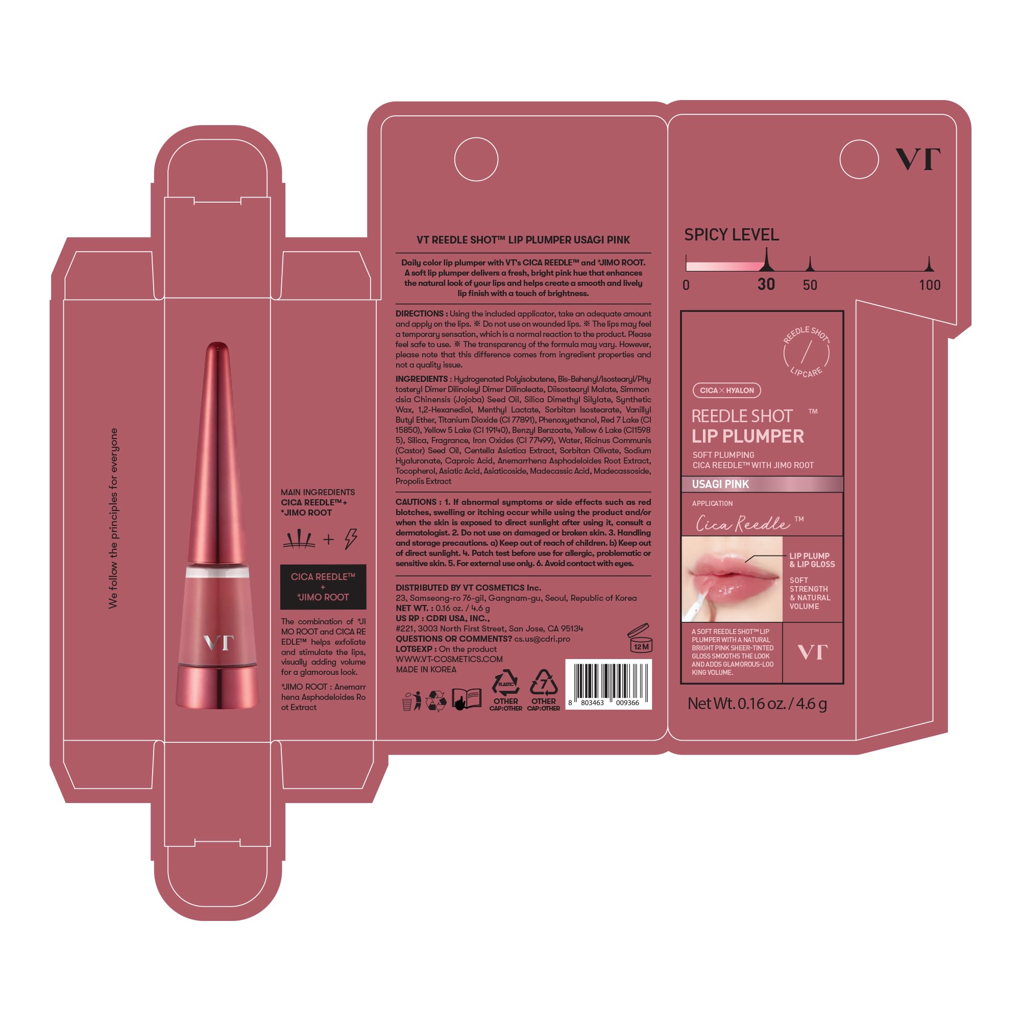 VT COSMETICS Reedle Shot Lip Plumper in Usagi Pink, Hydrating Plumping Lip Gloss, High Shine Finish, Infused with Jojoba Oil & Hyaluronic Acid, Korean Beauty Makeup, 0.15 oz.