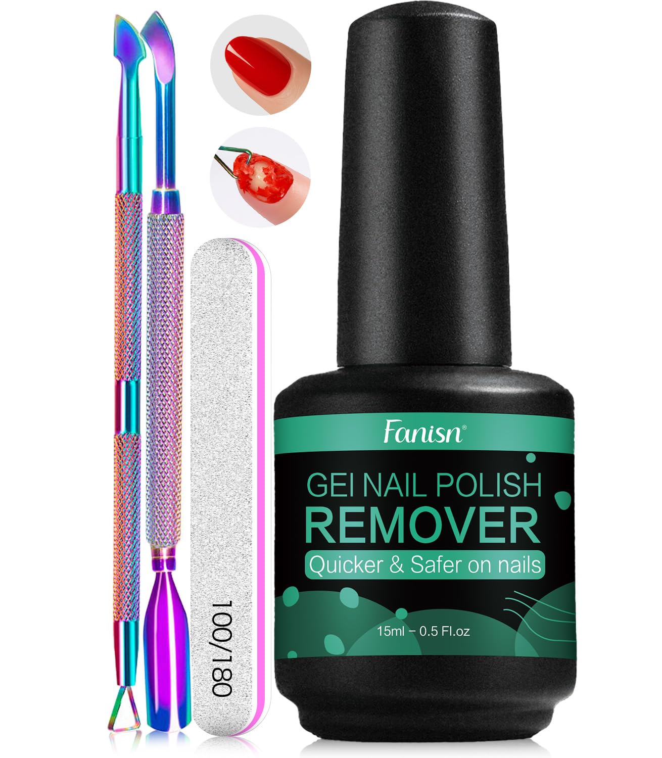 FANISN Gel Nail Polish Remover with Tools, 15ml (0.5 fl oz) - Acetone-Free, Quick Removal in 2-5 min, No Foil Soaking Needed, Safe for Natural Nails，Home DIY Use
