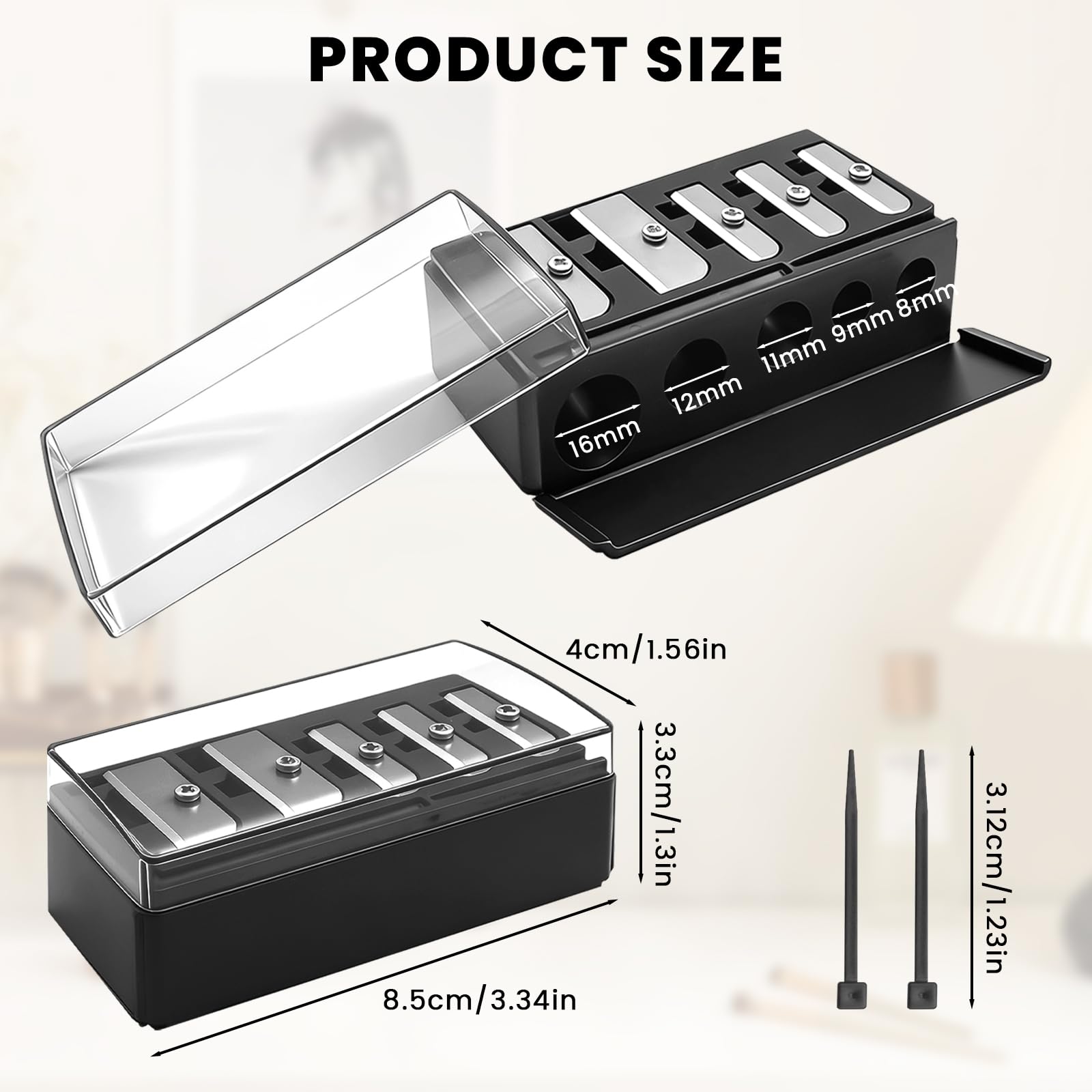 2 PCS Eyeliner Pencil Sharpener, 5 Hole Long Point Lip Liner Sharpener with Plastic Lid, Makeup Pencil Sharpener for Eyeliner, Lip Liner & Highlighter