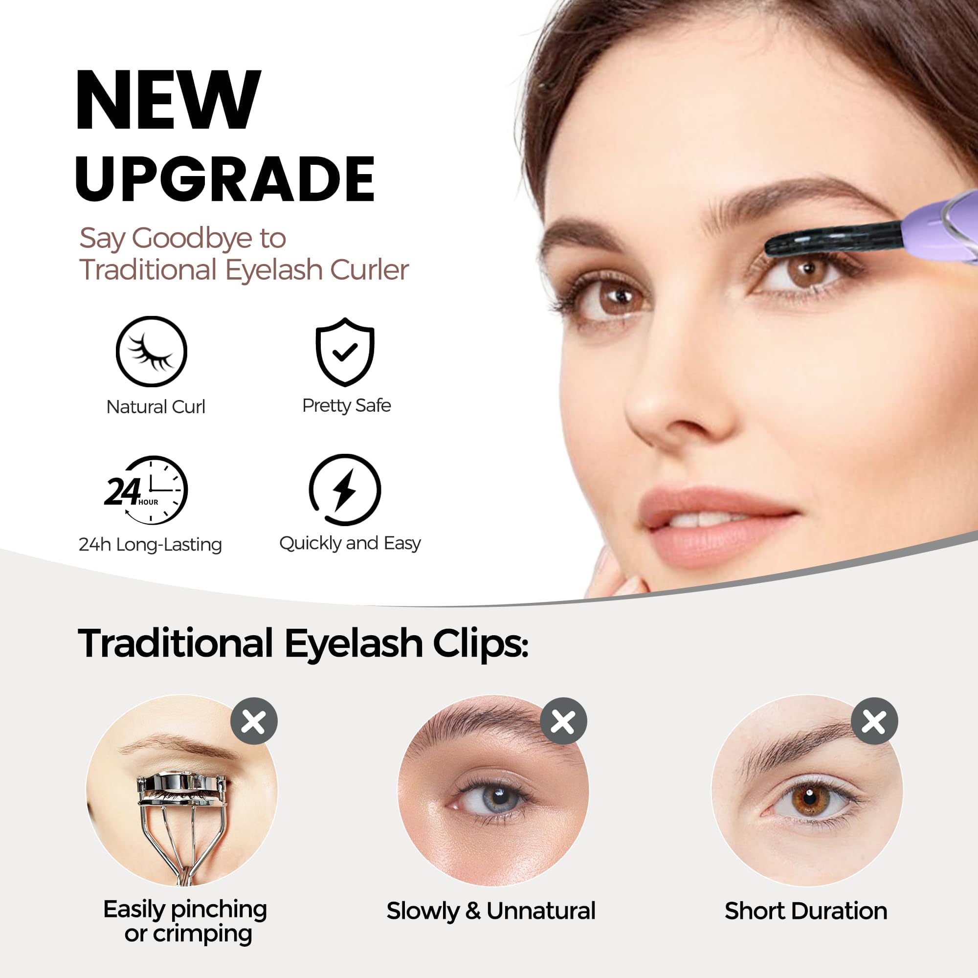 Raysino Heated Eyelash Curler, S600 Rechargeable Heated lash Culer, Eyelash Curer Heated in 8s for 24 Hs Long Lasting Natural Makeup (Lilac/Silver, 148MM)