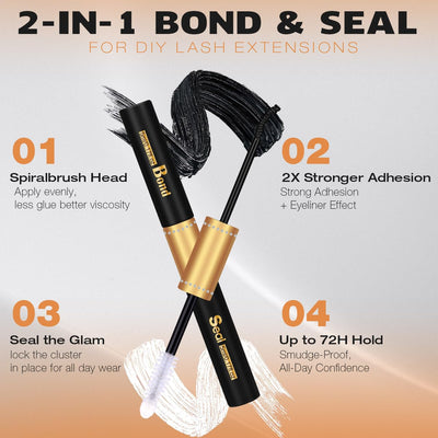 Kiromiro Lash Bond and Seal Black lash Glue for DIY Cluster Eyelash Extensions, Strong Hold, Smuge-proof, Long Lasting Cluster Lashes Adhesive Latex-Free