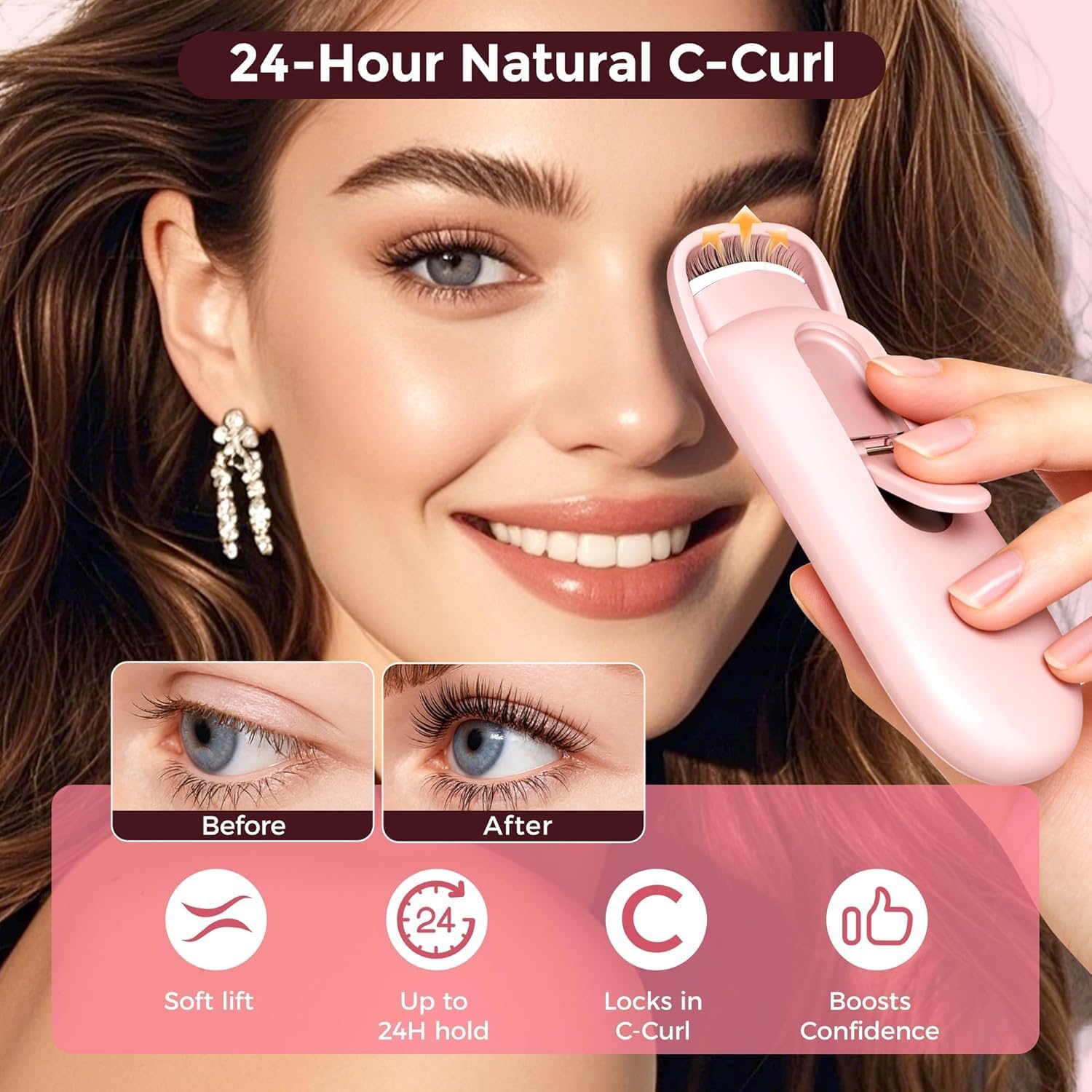 Heated Eyelash Curler, Anti-Burn Safe Heat with Upgraded Liquid Silicone Pad, 24H Natural C-Curl, 2 Heat Levels, 8s Fast Heat-Up, USB-C Rechargeable, Wide-Arch for Fine, Thick & Hard-to-Curl Lashes