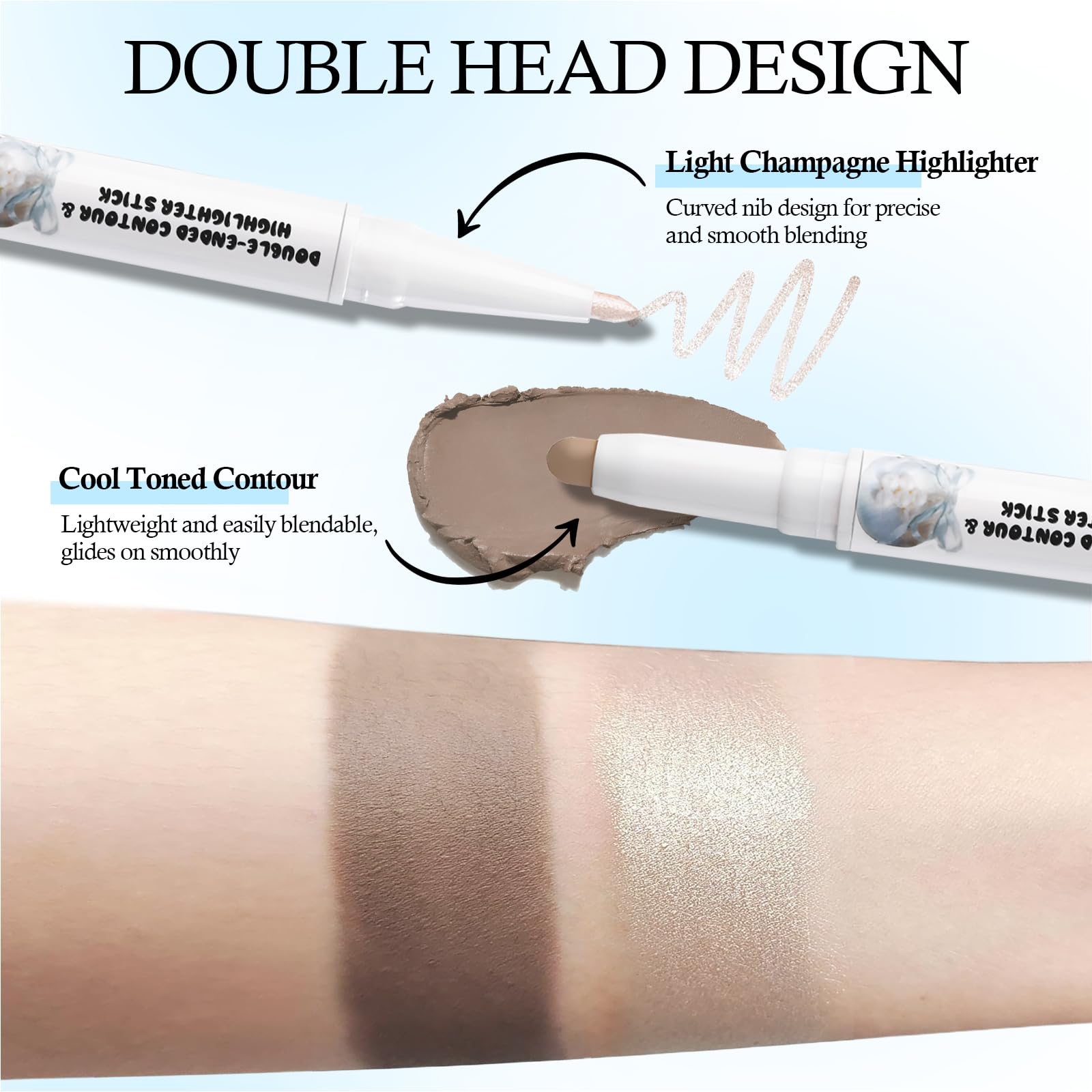 HOSAILY Dual Ended Cool Toned Contour&Champagne Shimmer Highlighter Stick, Cold Grey Creamy Long Lasting Bronzer&Brightener Pen, Blendable Smooth Nose Contouring Stick for Pale Fair Skin Facial Makeup
