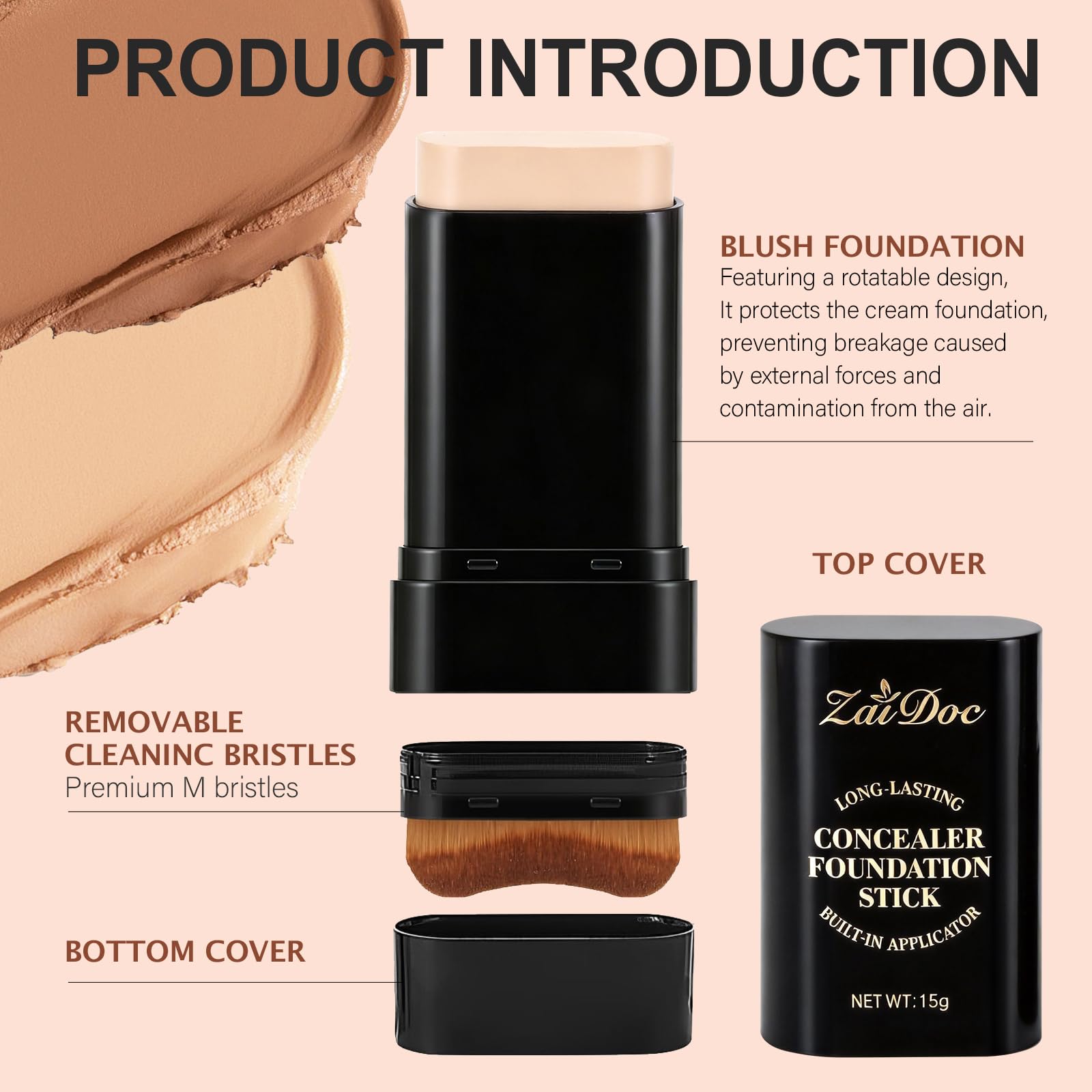 Zaidoc Foundation Stick, Dual-Ended with Brush, 2-in-1 Longwear & Waterproof, Natural Full Makeup Concealer Coverage for Dark Circles & Blemishes with Hydrating Olive & Camellia, 2.09 oz (04#)