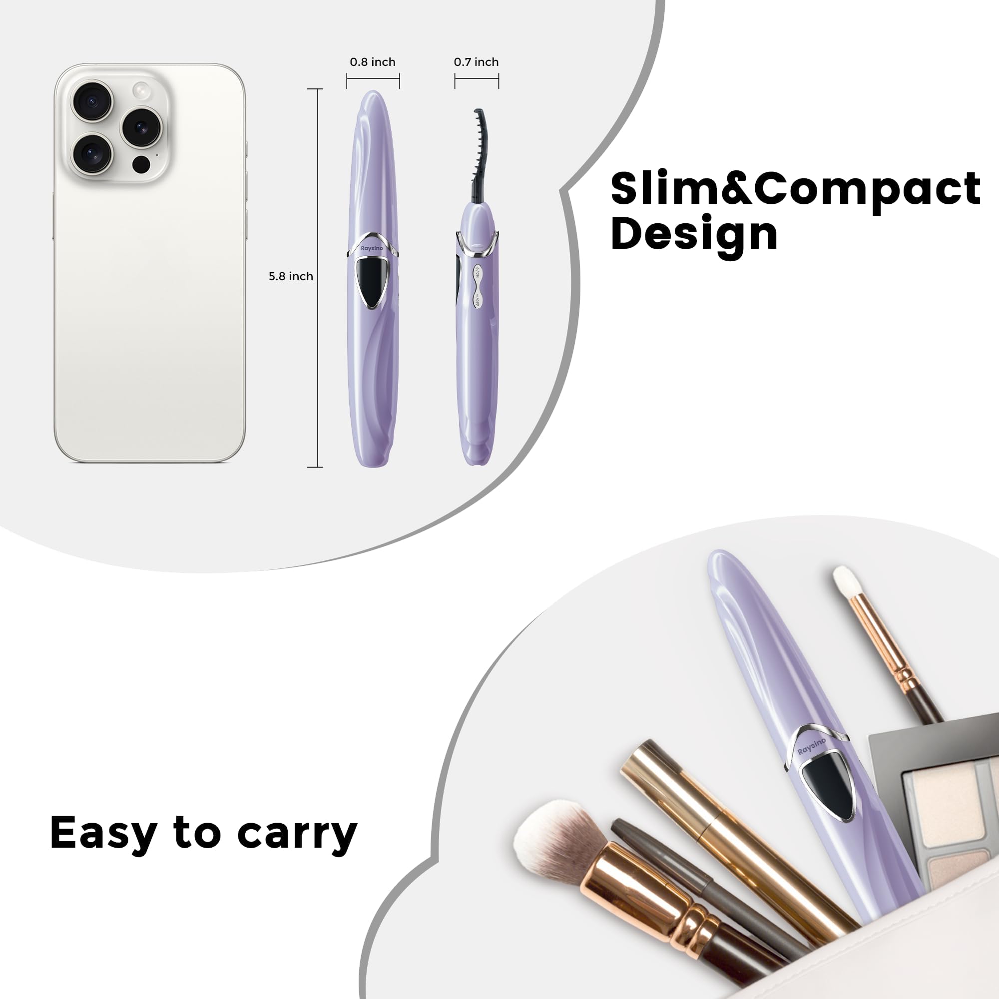 Raysino Heated Eyelash Curler, S600 Rechargeable Heated lash Culer, Eyelash Curer Heated in 8s for 24 Hs Long Lasting Natural Makeup (Lilac/Silver, 148MM)