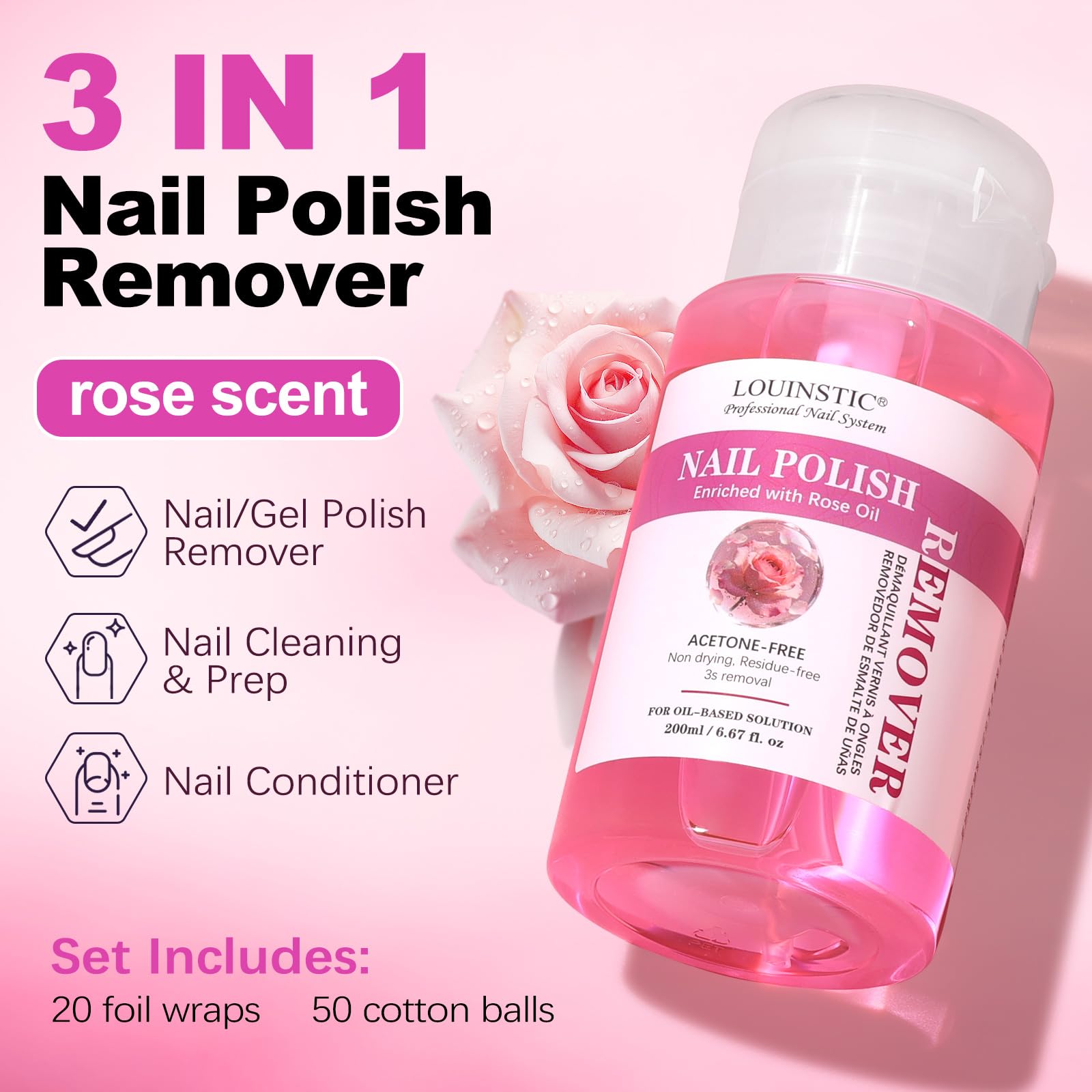 Professional Nail Polish Remover – Press Pump, Easily Removes Nail Polish in 3-15s, Gentle Nourishment Formula, Rose Oil Soak Off Gel Nail Remover Kit, with Foil Wraps & Cotton Balls, 6.8 Fl Oz
