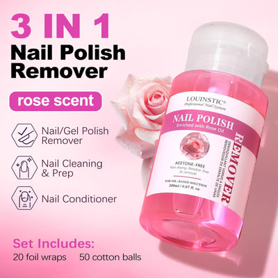 Professional Nail Polish Remover – Press Pump, Easily Removes Nail Polish in 3-15s, Gentle Nourishment Formula, Rose Oil Soak Off Gel Nail Remover Kit, with Foil Wraps & Cotton Balls, 6.8 Fl Oz