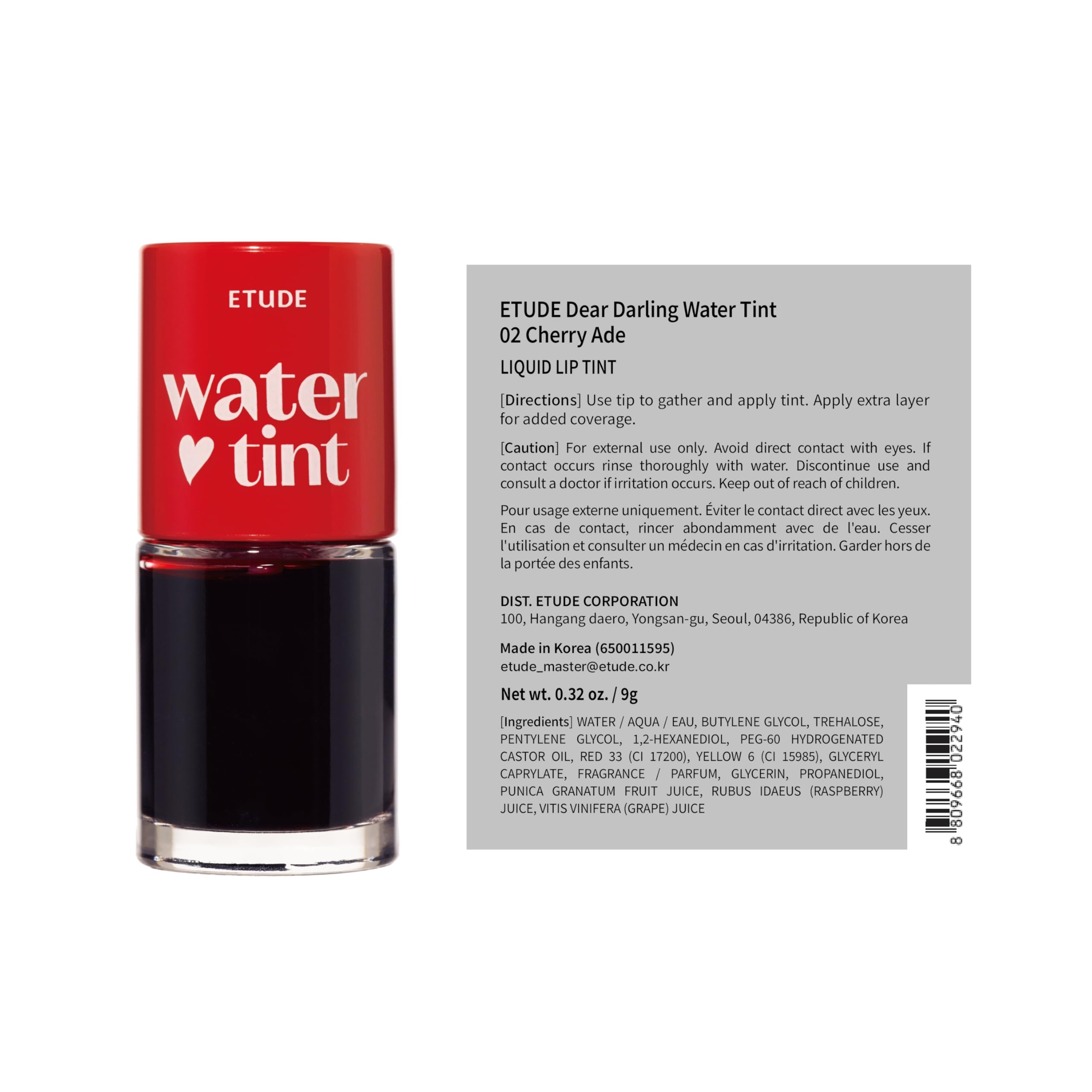 ETUDE Dear Darling Water Tint, Cherry Ade, Lip and Cheek Stain, Watercolor Blush Tint for Sun-Kissed Flush, Smudge Proof Korean Lip Tint, Lightweight K-Beauty Makeup, 9g