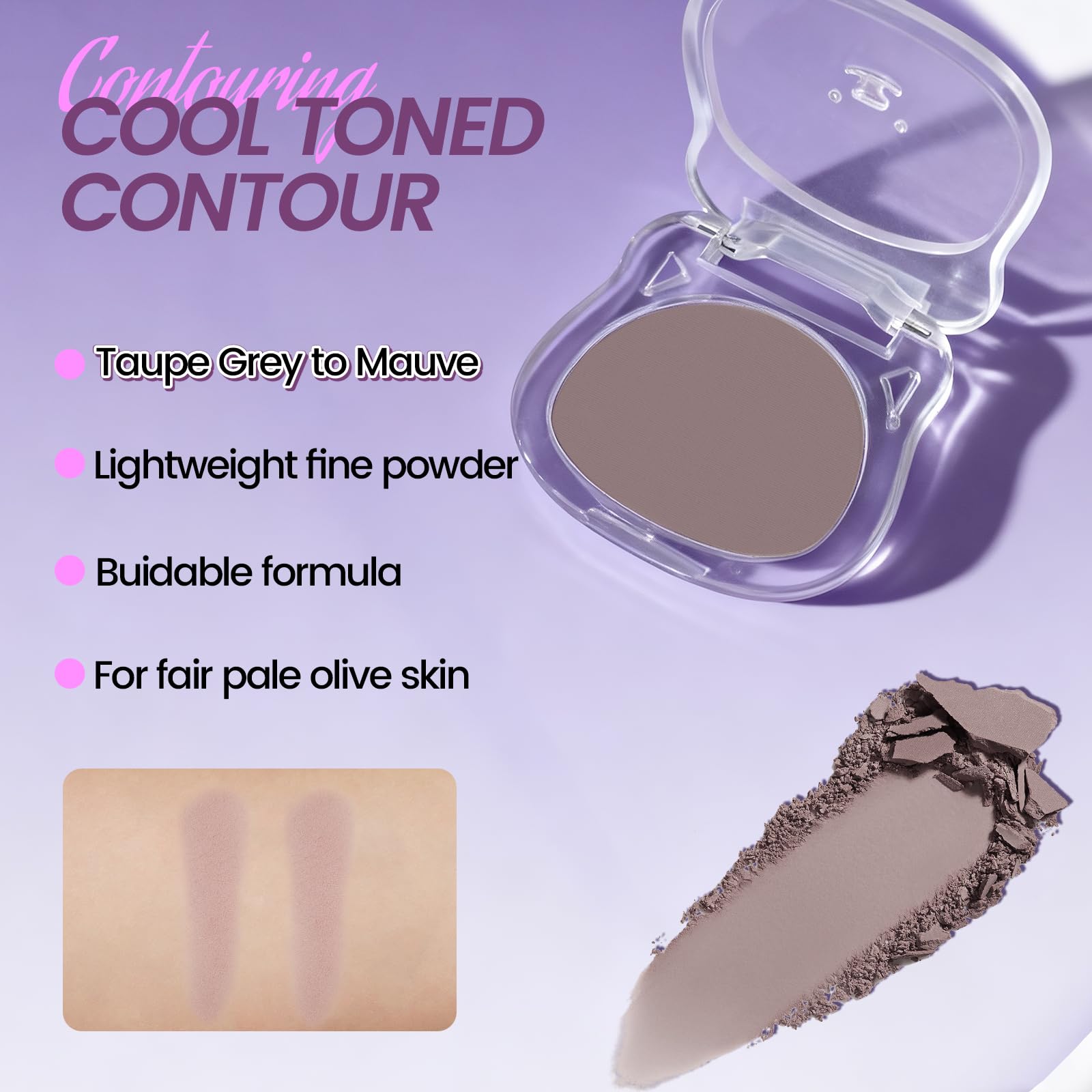 Noerrors Taupe to Mauve Cool Toned Contour Palette, Lightweight Smooth Blendable Matte Grey Pressed Powder Contour for Fair Pale Olive Light Skin, Nose Contouring Face Sculpting Cream Bronzer Makeup