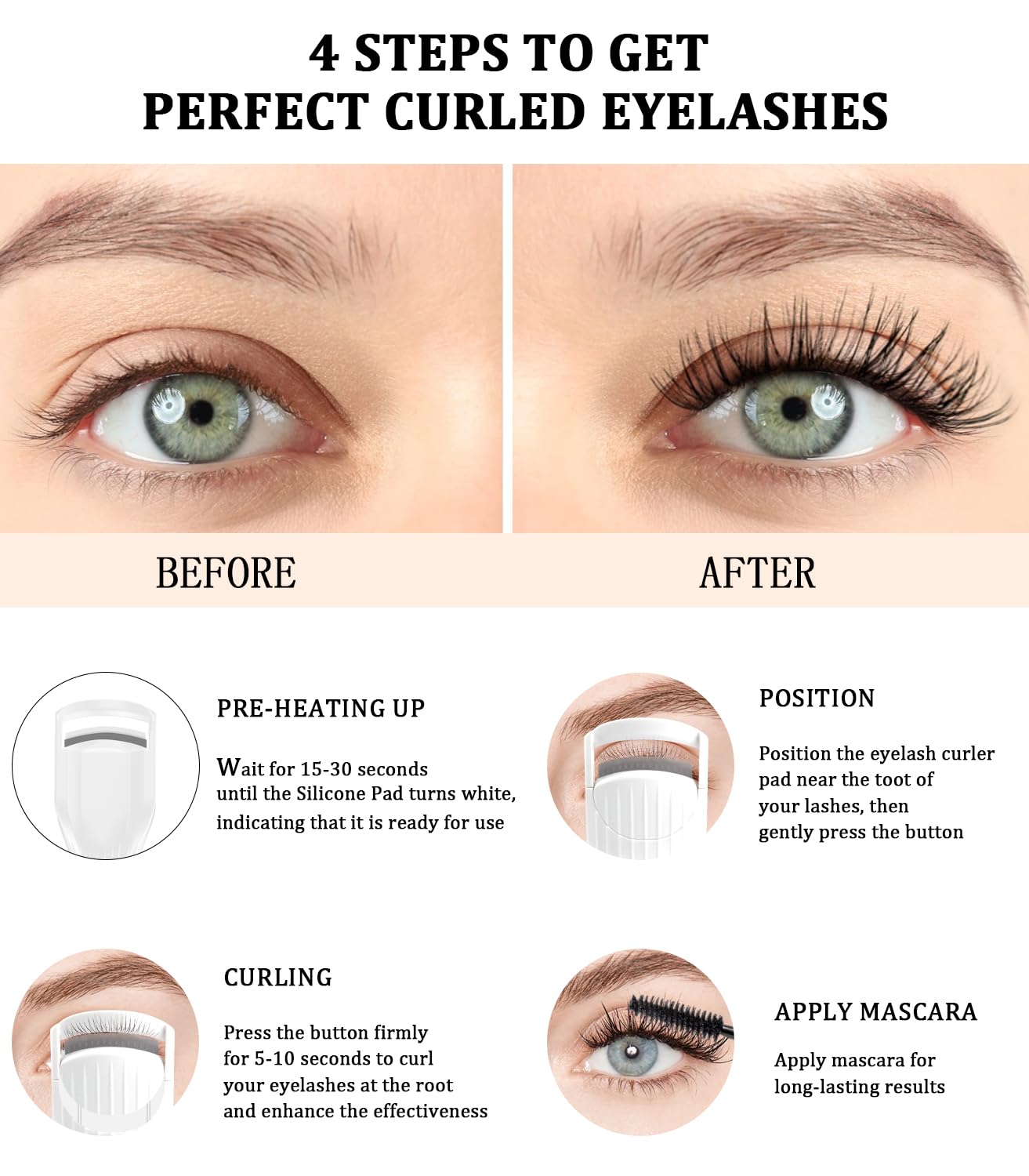 Heated Eyelash Curler Premium PRO - Fast Heat up in 8s - 24 Hours Long Lasting - Rechargeable Electric Eyelash Curler with Type-C, Innovative L Silicone, 2 Heat Modes, Anti-Burn Eyelid, White-HB
